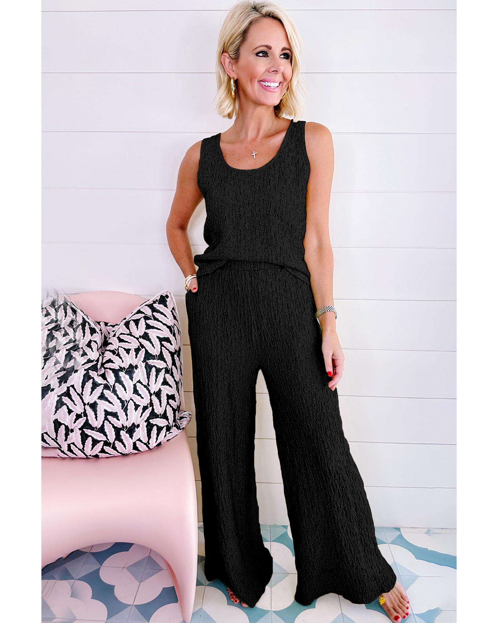 V539-AZEXDC625672-P2-XL-202508290055-00 Black Crinkled U Neck Tank Top and Wide Leg Pants Set - XL - Image 1