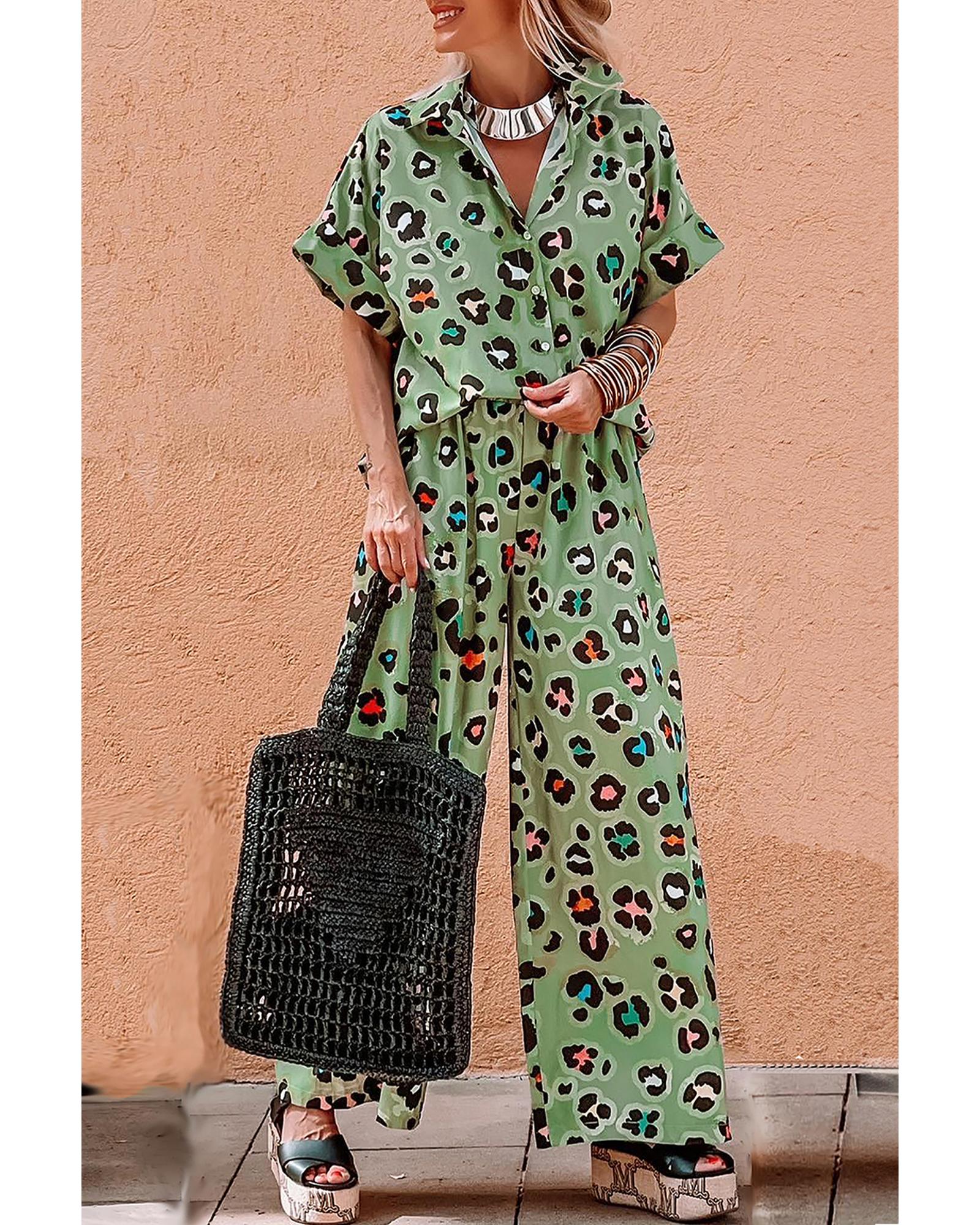 V539-AZEXDC625800-P922-S-202506142153-00 Green Leopard Print Short Sleeve Shirt and Wide Leg Pants Set - S - Image 1
