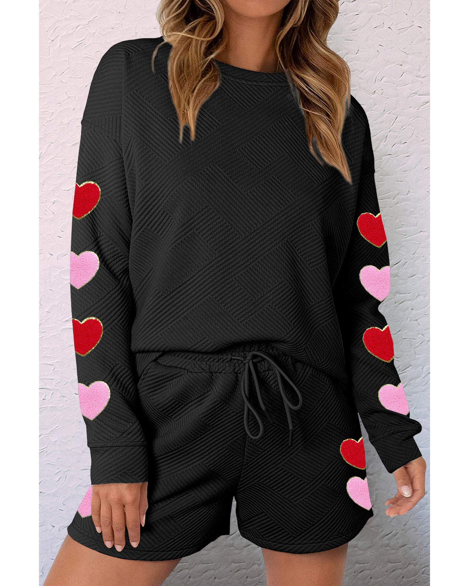 V539-AZEXDC625823-2-L-202508280145-00 Black Heart Patch Long Sleeve Top and Shorts Textured 2pcs Set - L - Image 1