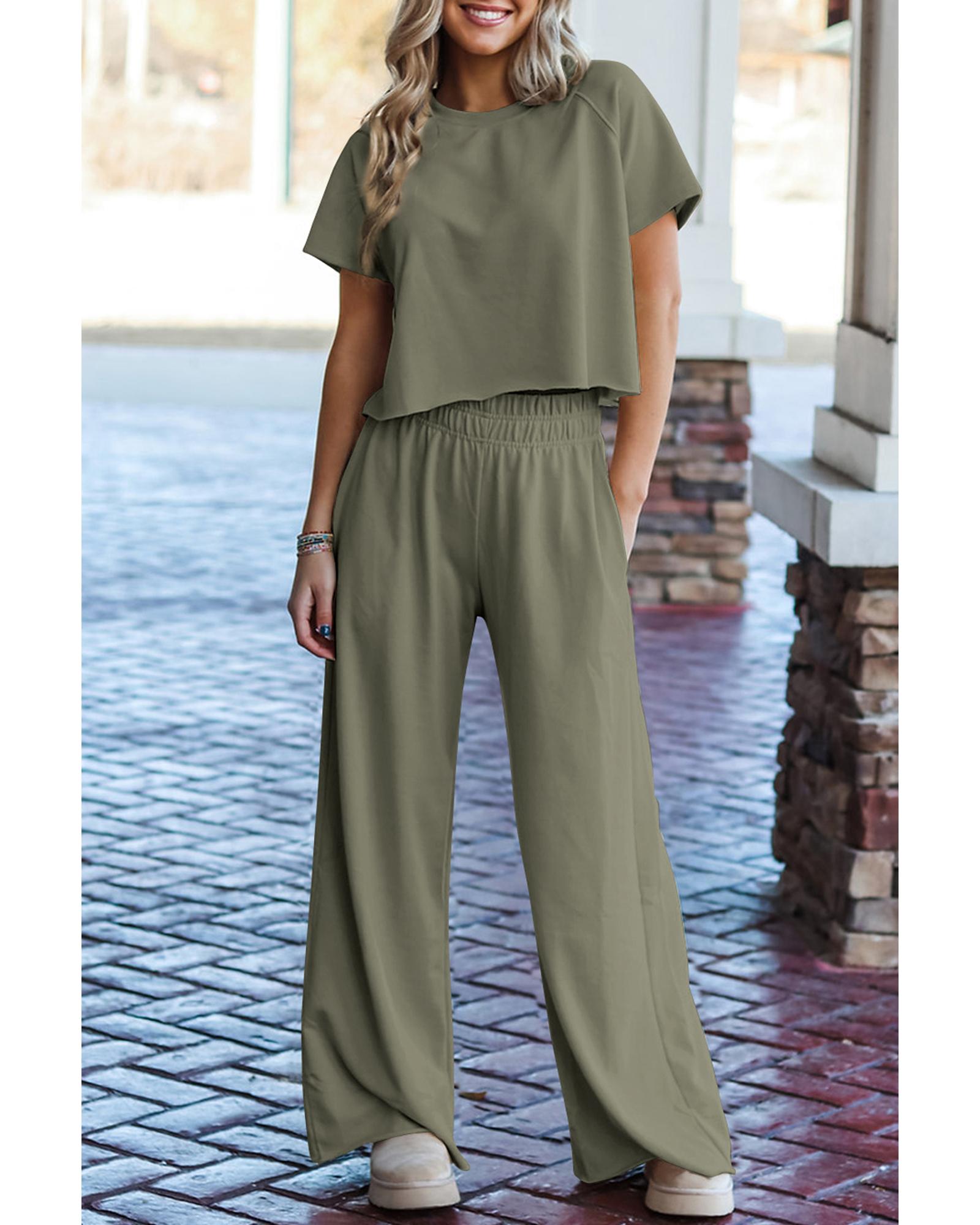 V539-AZEXDC625926-P2309-L-202506142237-00 Seagrass Raw Hem Loose Tee and Wide Leg Pants Set - L - Image 1