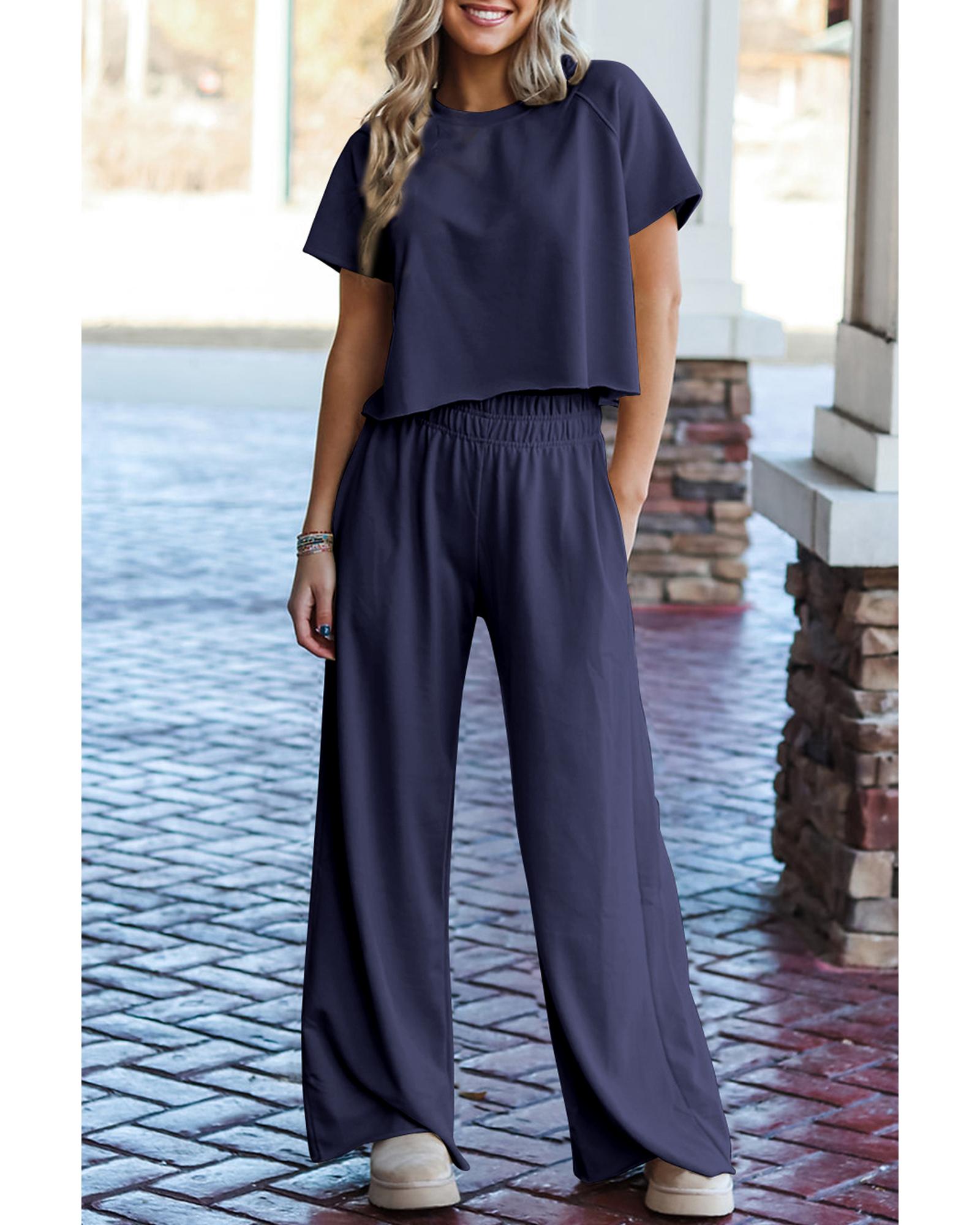V539-AZEXDC625926-P605-L-202508280400-00 Navy Blue Raw Hem Loose Tee and Wide Leg Pants Set - L - Image 1