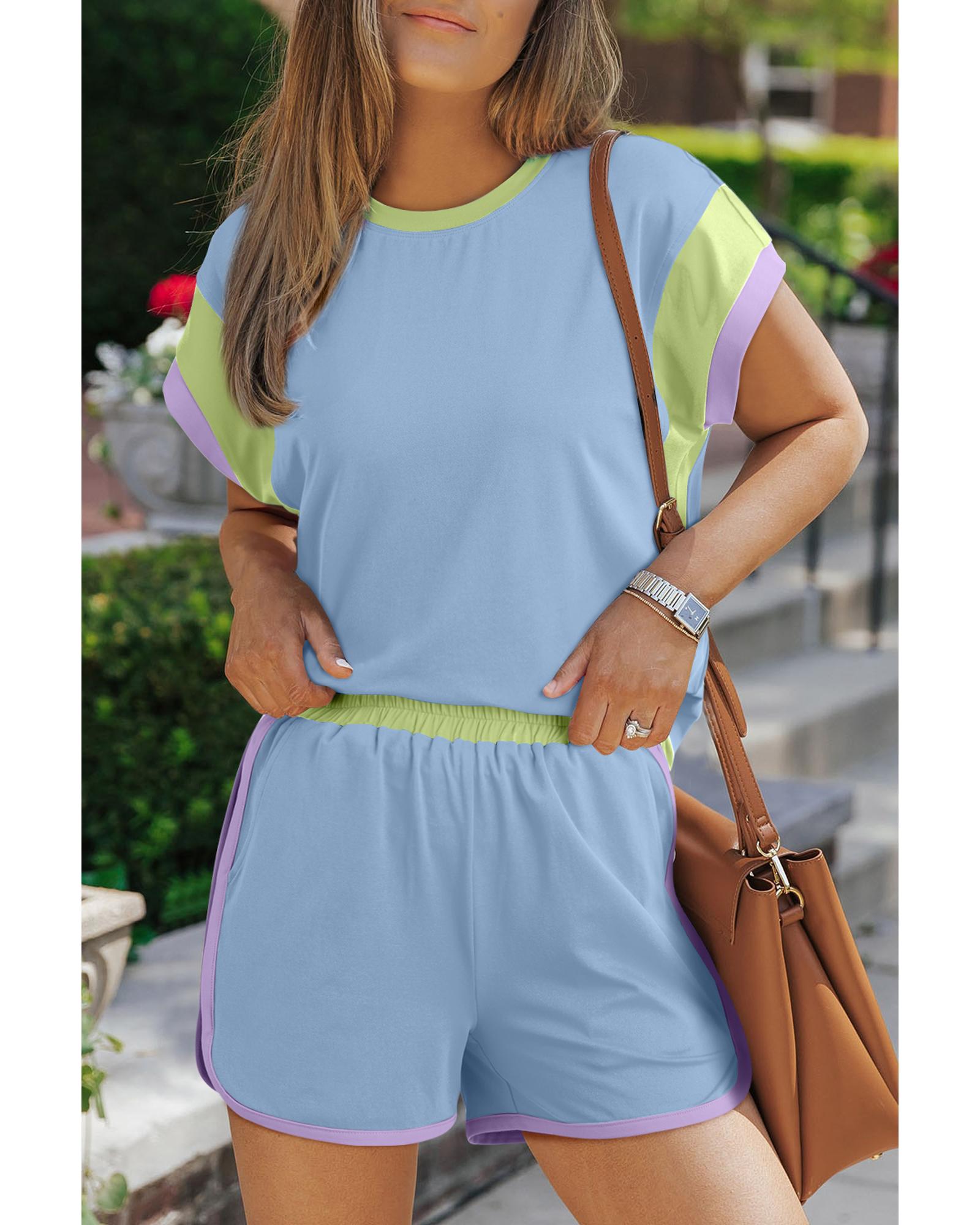 V539-AZEXDC626037-P305-XL-202508301920-00 Blue Contrast Trim Cap Sleeve Tee Shorts Set - XL - Image 1