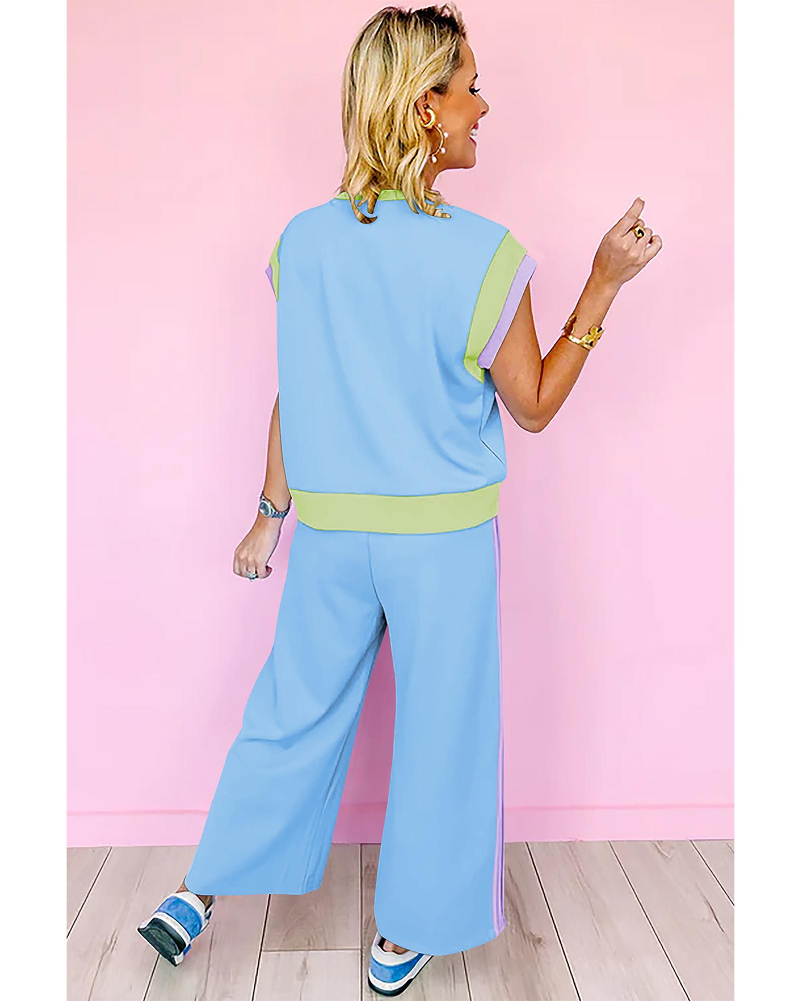 V539-AZEXDC626057-P304-XL-202508301515-00 Sky Blue Color Block Detail Casual Two-piece Outfit - XL - Image 1