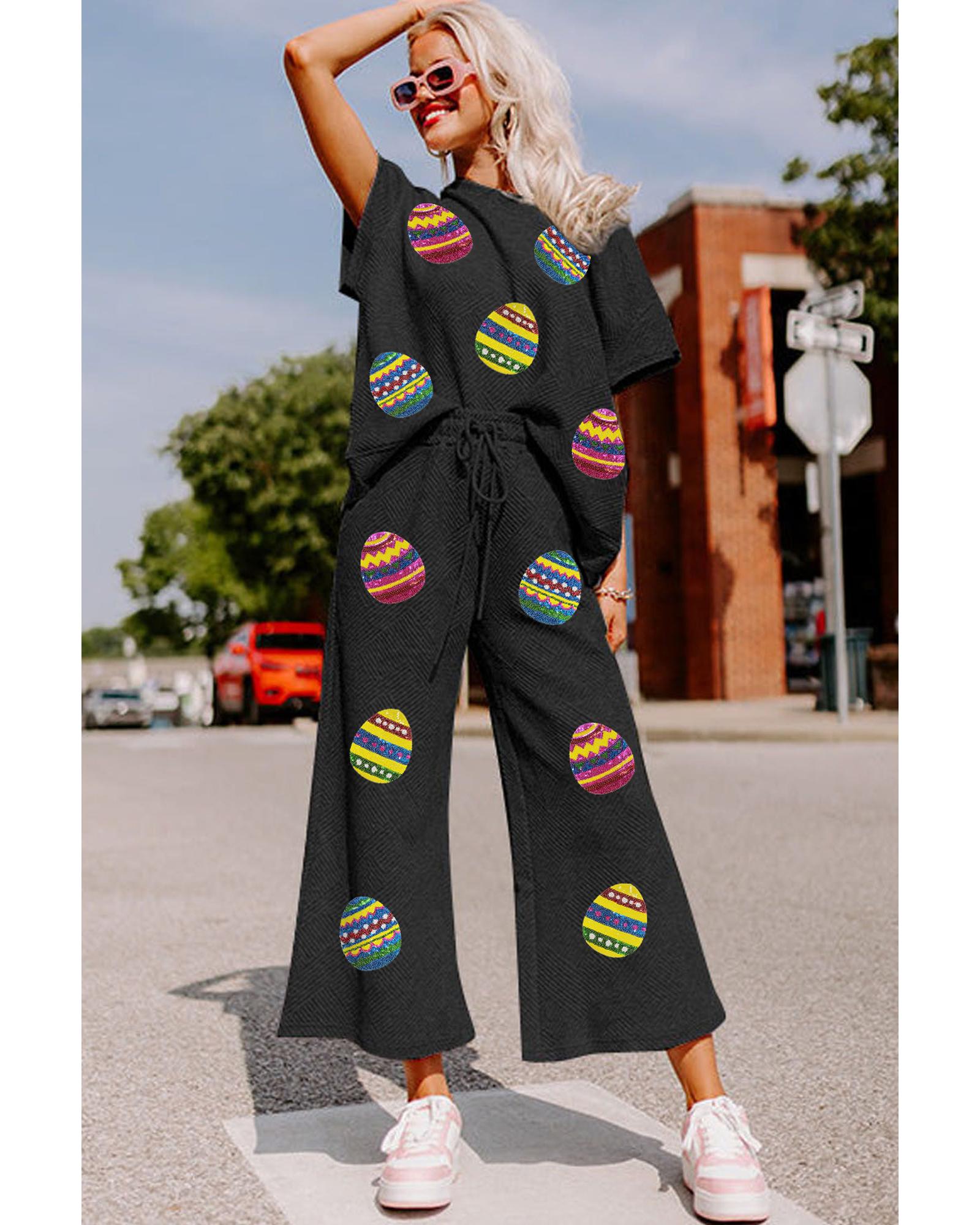 V539-AZEXDC626060-2-L-202508310045-00 Black Easter Egg Print Textured Short Sleeve Wide Leg Pants Set - L - Image 1
