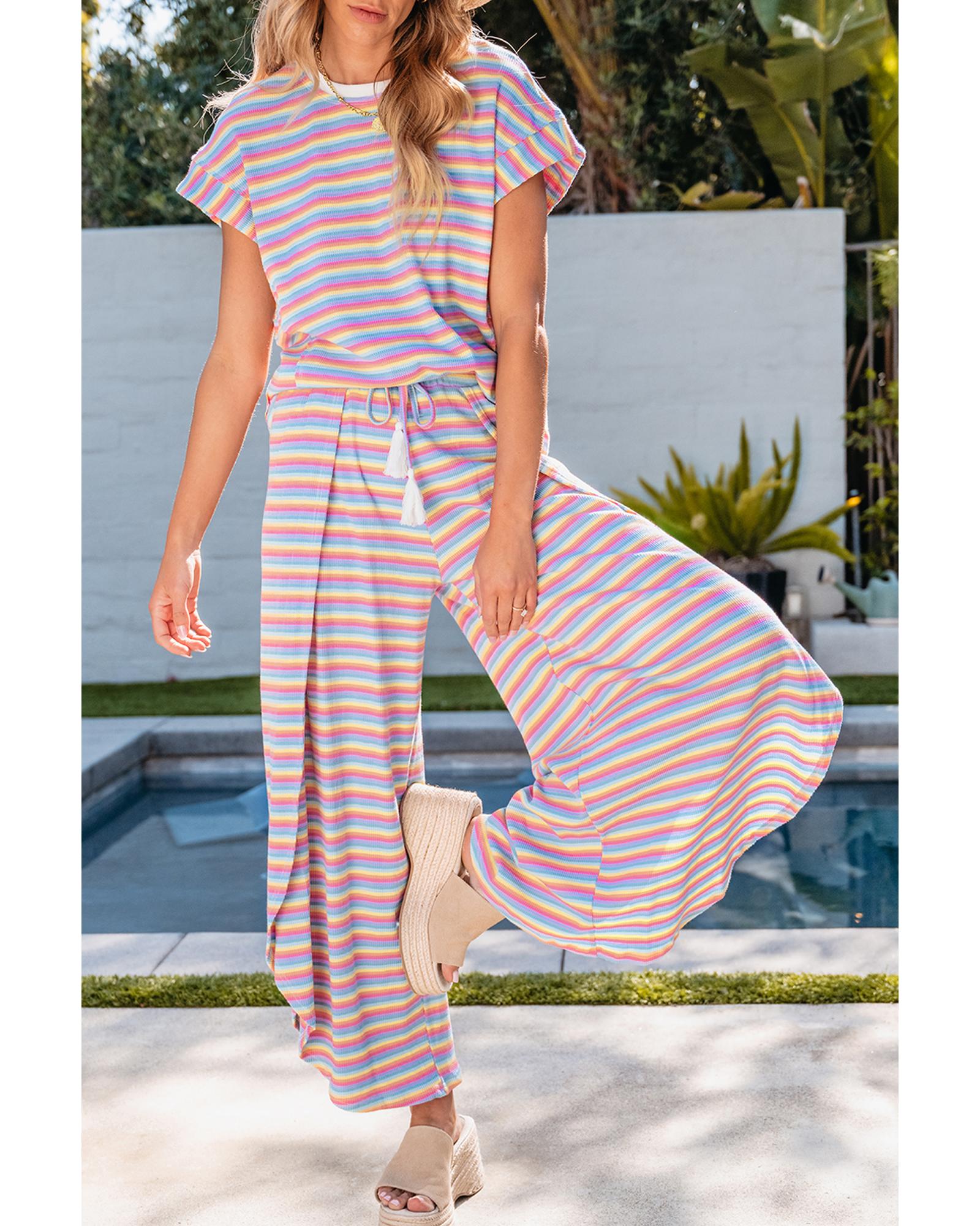 V539-AZEXDC626108-P1019-XL-202508310120-00 Pink Stripe Rainbow Tee Tasseled String Wide Leg Pants Set - XL - Image 1