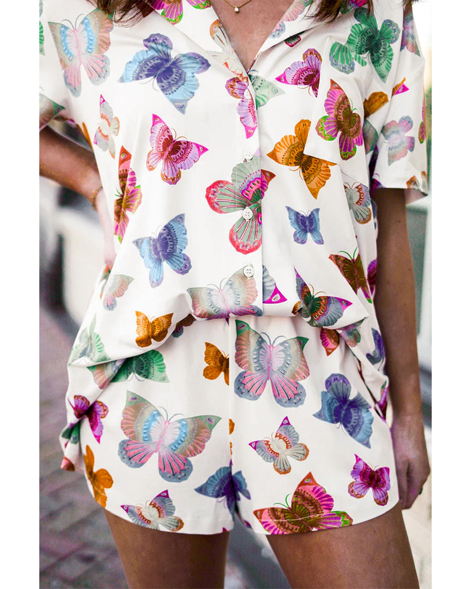 V539-AZEXDC626121-P22-S-202506141946-00 Multicolour Butterfly Pattern Short Sleeve Shirt Pajamas Set - S - Image 1