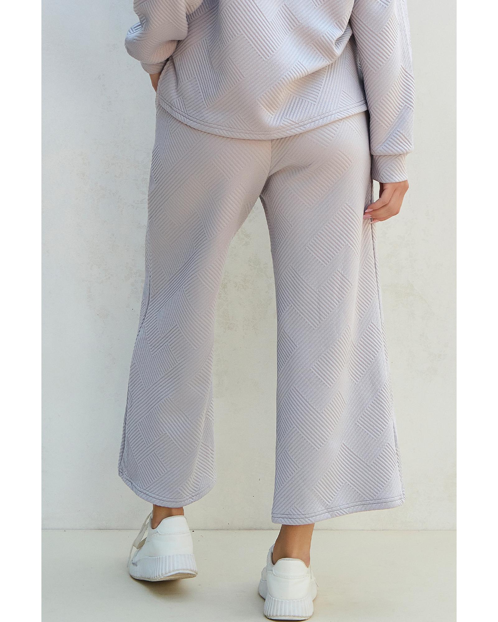 V539-AZEXDC626233-P1011-2XL-202508301050-00 Light Grey Solid Textured Collared V Neck Top and Wide Leg Pants Set - 2XL - Image 1