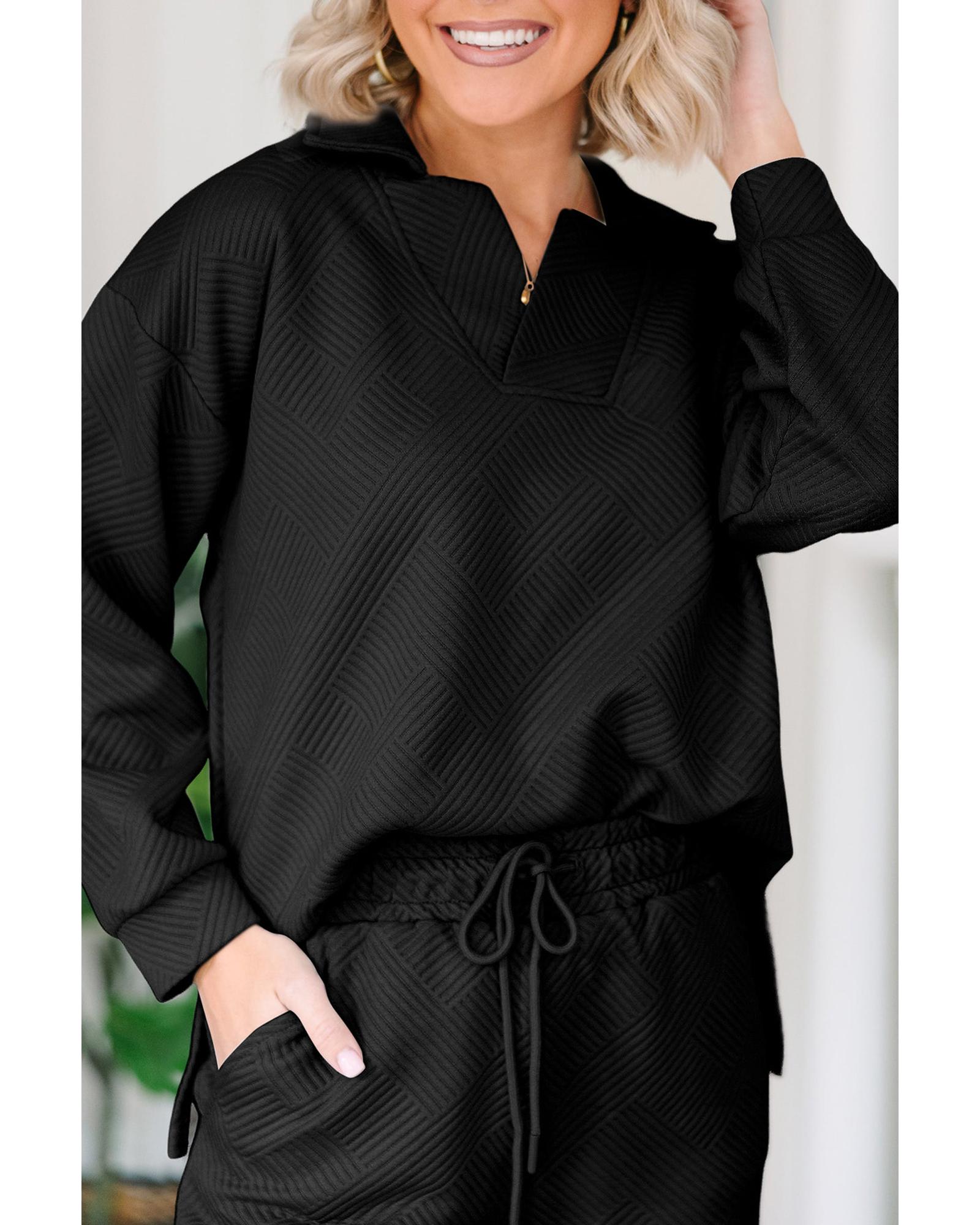 V539-AZEXDC626233-P2-L-202508301905-00 Black Solid Textured Collared V Neck Top and Wide Leg Pants Set - L - Image 1