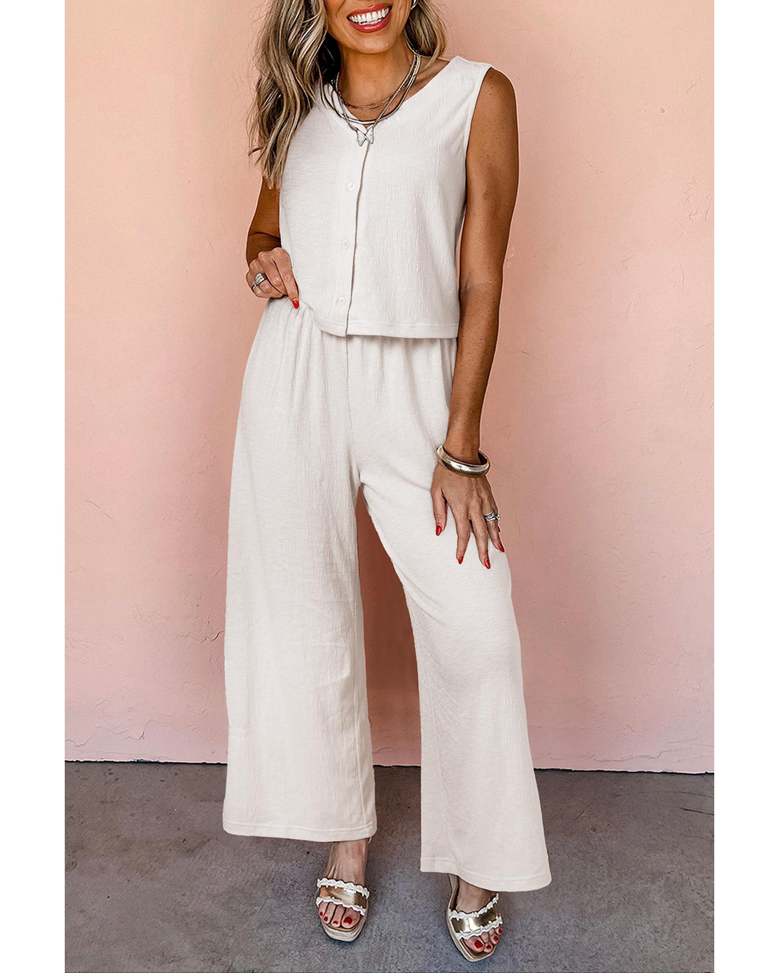 V539-AZEXDC626261-P18-XL-202508281540-00 Apricot Buttoned V Neck Tank Top and Wide Leg Pants Casual Outfit - XL - Image 1