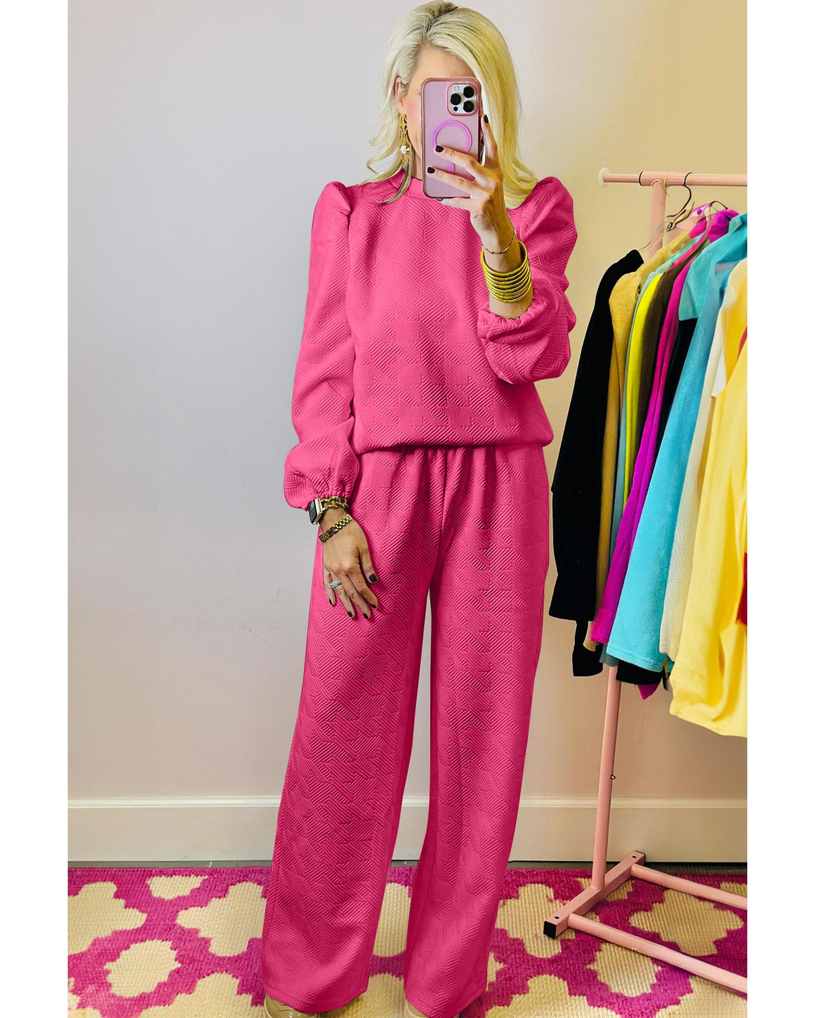 V539-AZEXDC626340-P6-S-202506142126-00 Rose Red Textured Puff Sleeve Top and Pants Set - S - Image 1