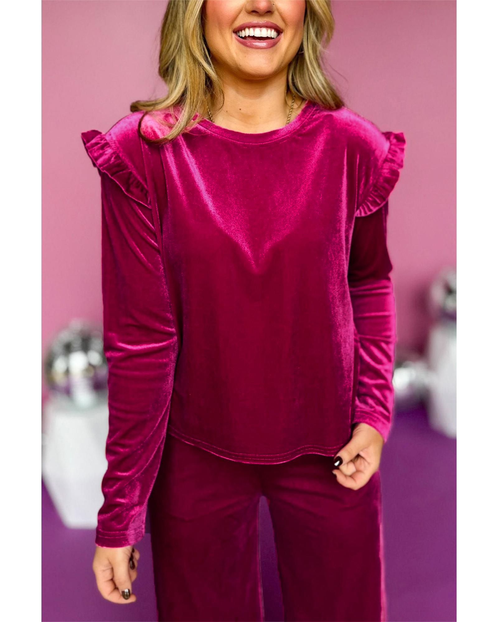 V539-AZEXDC626367-P6-M-202508281010-00 Rose Red Solid Velvet Ruffled Two Piece Pants Set - M - Image 1