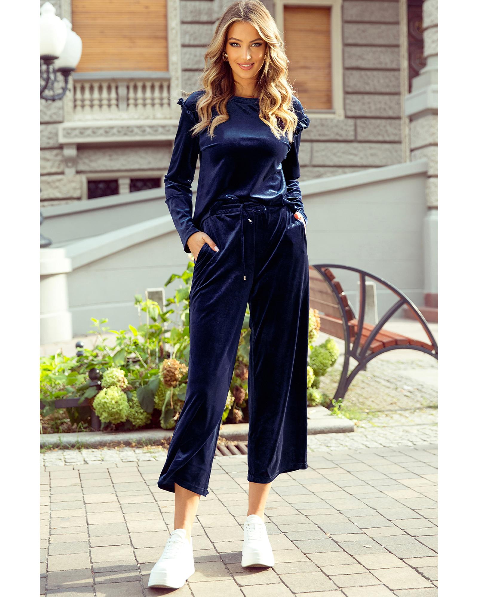 V539-AZEXDC626367-P605-2XL-202508291905-00 Navy Blue Solid Velvet Ruffled Two Piece Pants Set - 2XL - Image 1
