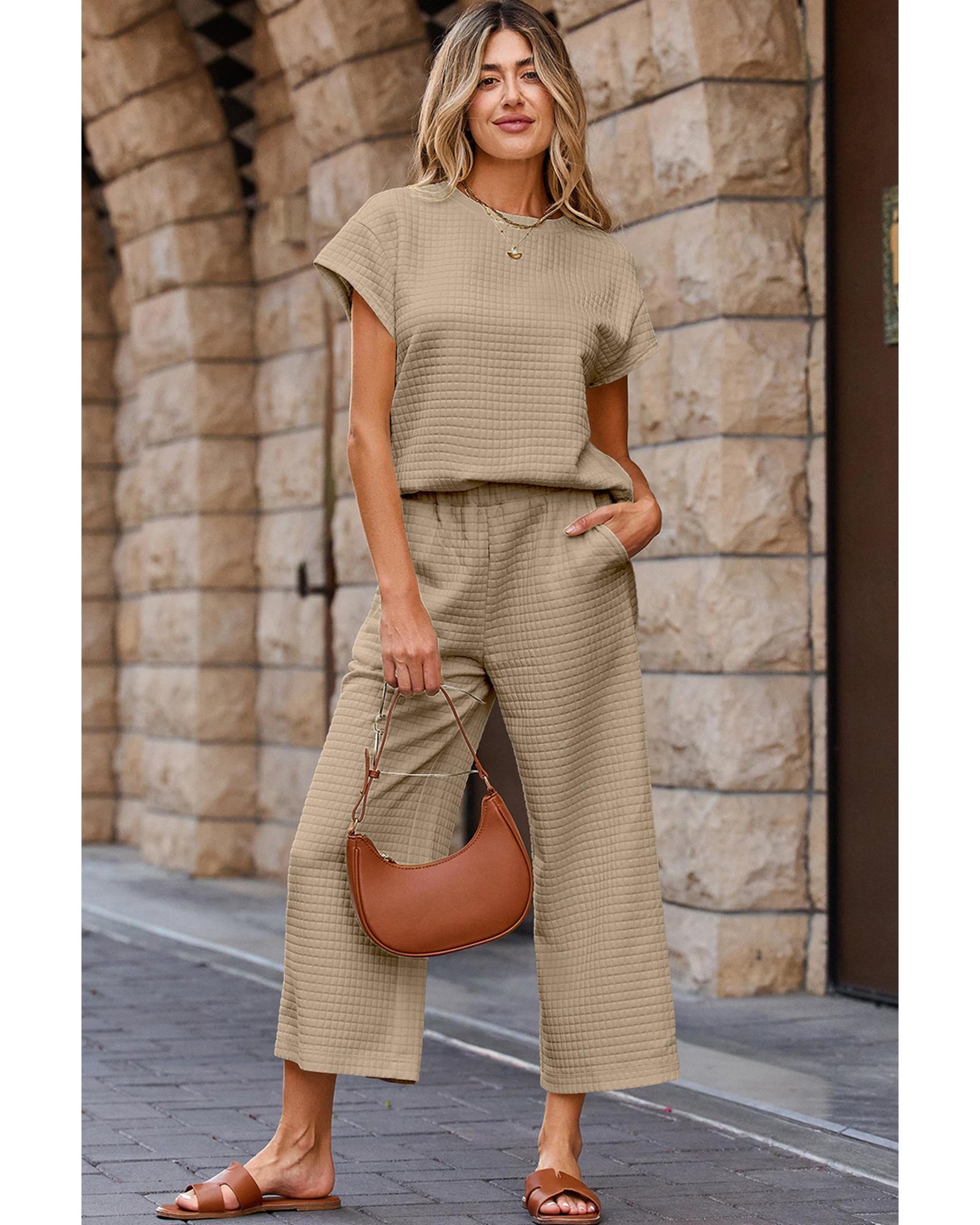 V539-AZEXDC626377-P6016-M-202508291545-00 Parchment Solid Color Textured Short Sleeve Top and Casual Pants Set - M - Image 1