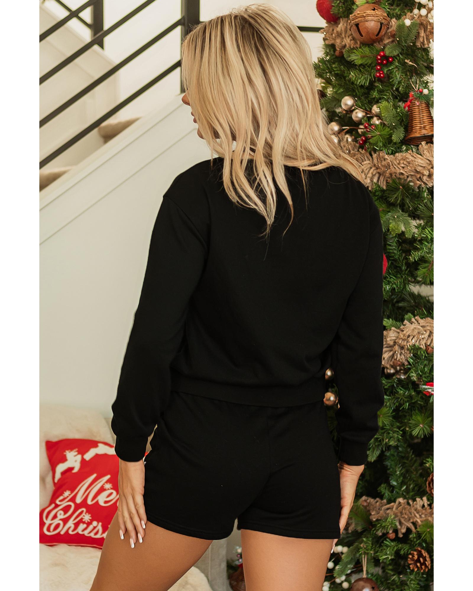 V539-AZEXDC626419-P2-S-202506142152-00 Black Sequin Merry Graphic Pullover and Shorts Outfit - S - Image 1