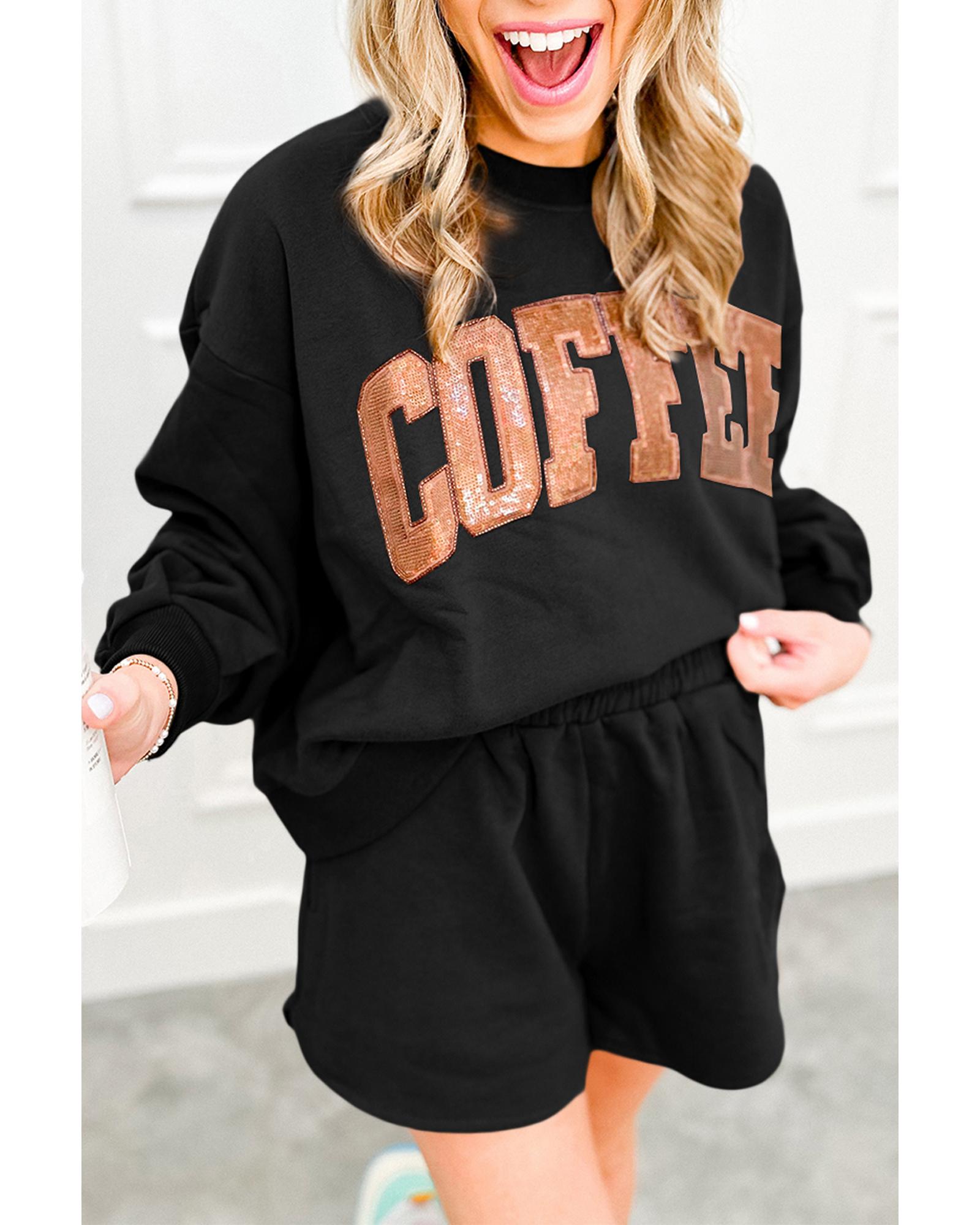 V539-AZEXDC626442-P2-S-202506142212-00 Black Sequined COFFEE Loose Fit Sweatshirt and Shorts Set - S - Image 1