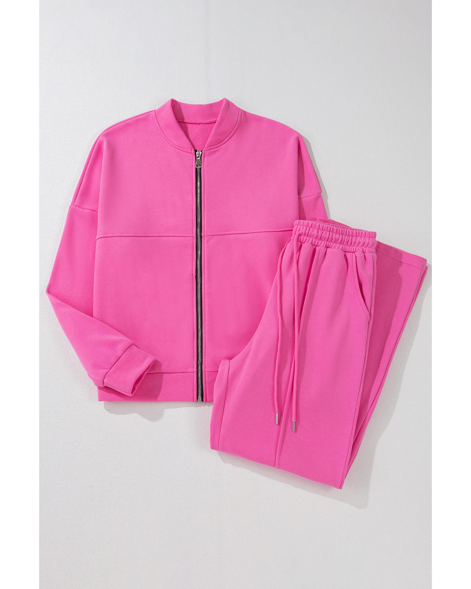 V539-AZEXDC626470-P106-2XL-202508280410-00 Bright Pink Solid Seamed Zipper Jacket and Drawstring Waist Pants Set - 2XL - Image 1