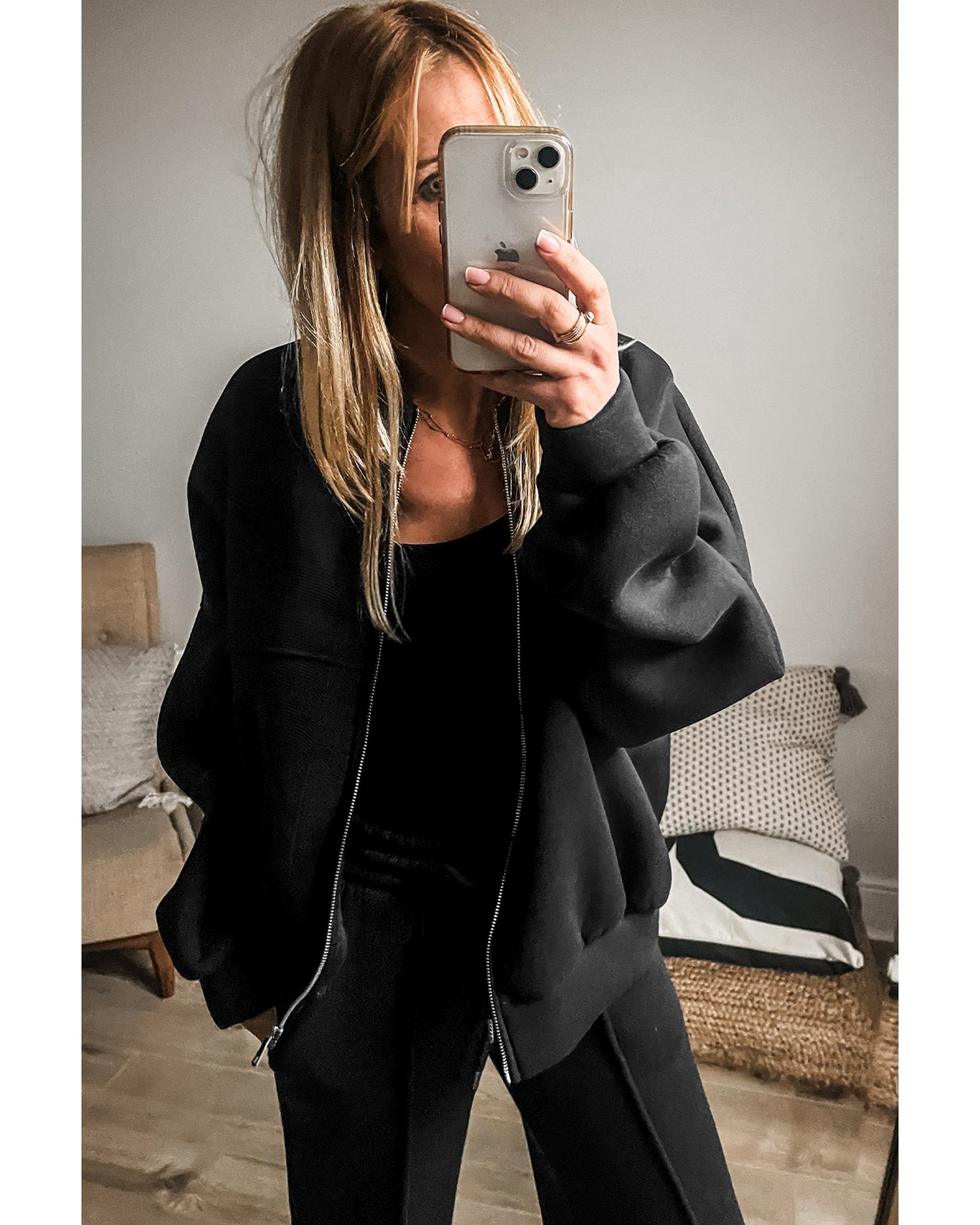 V539-AZEXDC626470-P2-XL-202508301305-00 Black Solid Seamed Zipper Jacket and Drawstring Waist Pants Set - XL - Image 1