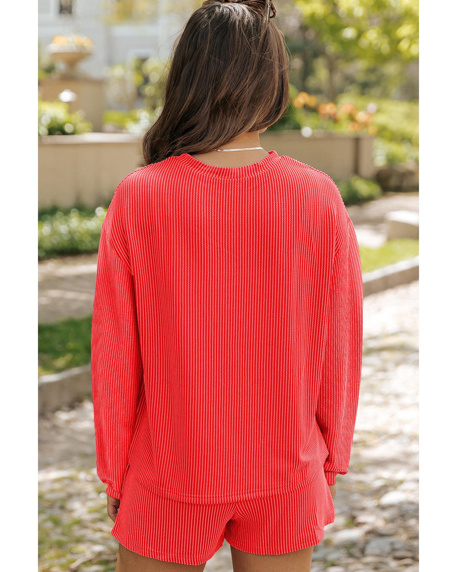 V539-AZEXDC626490-P5014-XL-202506150235-00 Casual Corded Knit Long Sleeve Top and High Waist Shorts Set - XL - Image 1