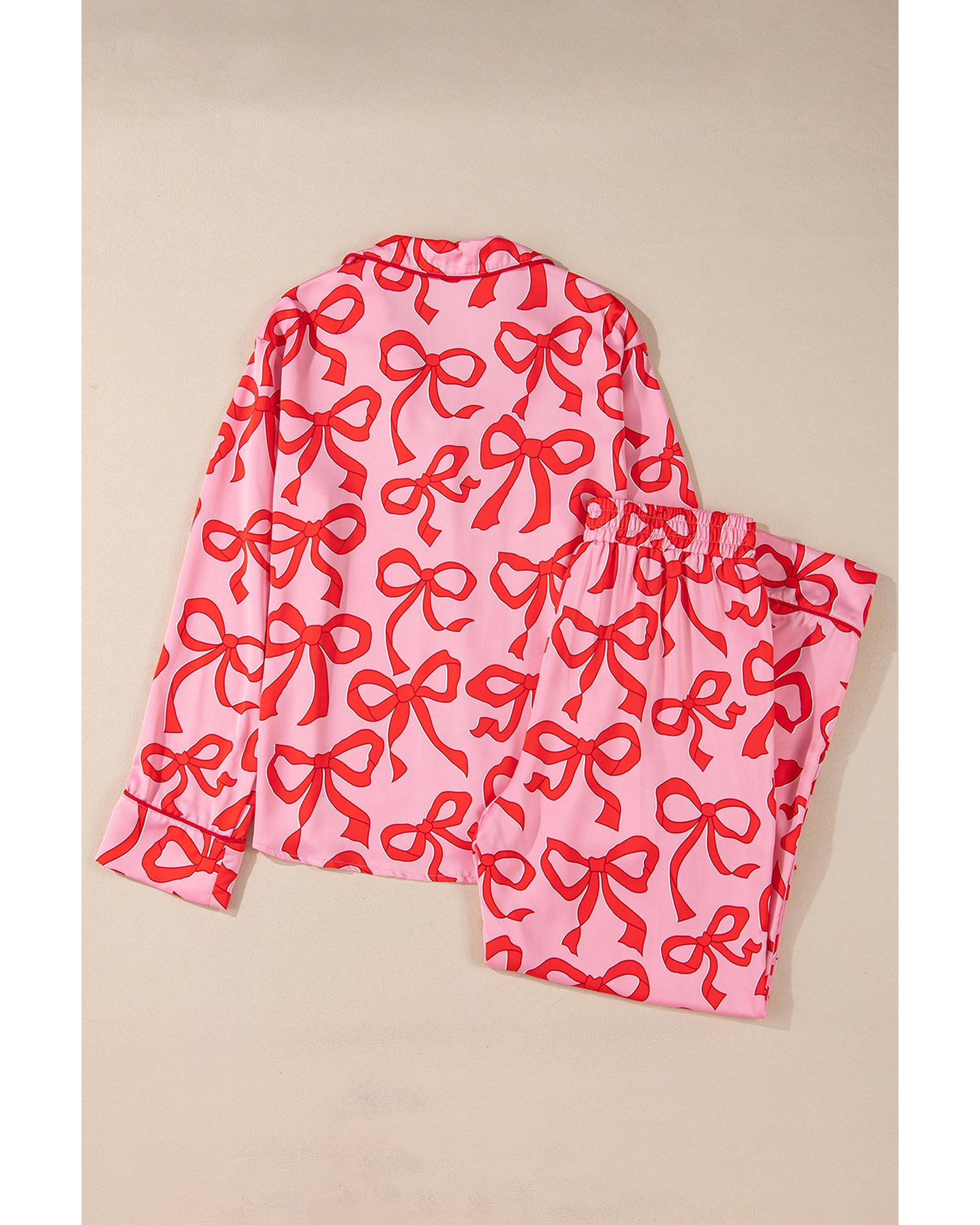 V539-AZEXDC626600-P1020-M-202508310100-00 Pink 2pcs Bow Print Shirt Style Long Sleeve Pajama Set - M - Image 1