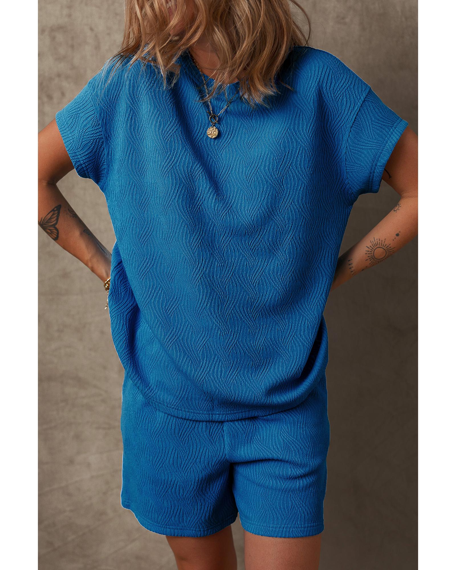 V539-AZEXDC626619-P105-M-202508301745-00 Bluing Solid Textured Crew Neck Short Set - M - Image 1