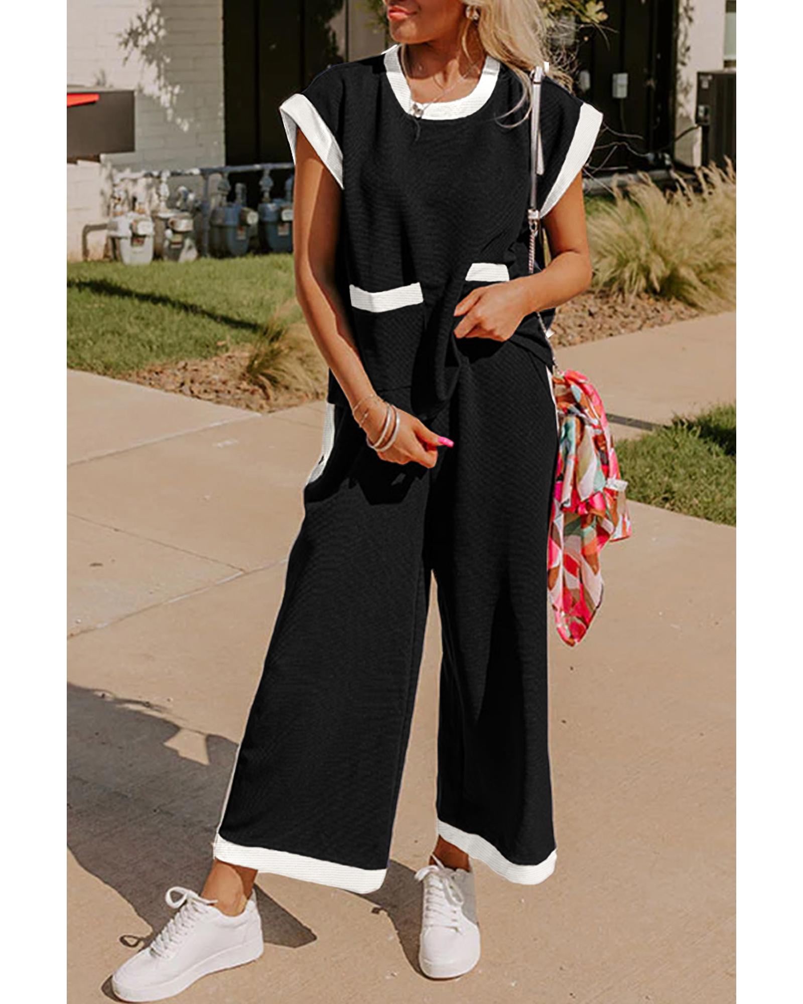 V539-AZEXDC626622-P2-L-202508302330-00 Black Color Block Pocketed T Shirt and Wide Leg Pants Set - L - Image 1