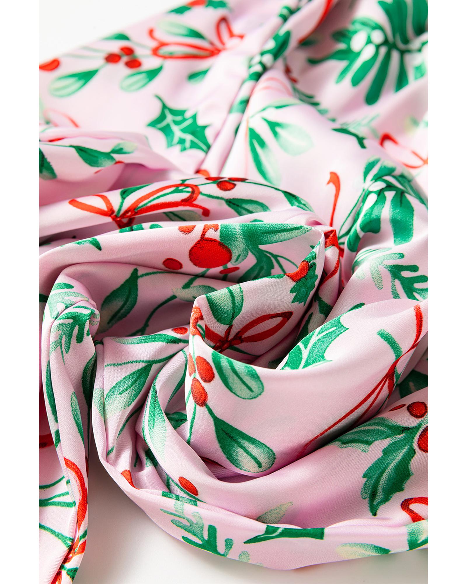 V539-AZEXDC626660-P1020-S-202508300815-00 Pink Christmas Berries Plant Print Satin Long Sleeve Pajama Set - S - Image 1