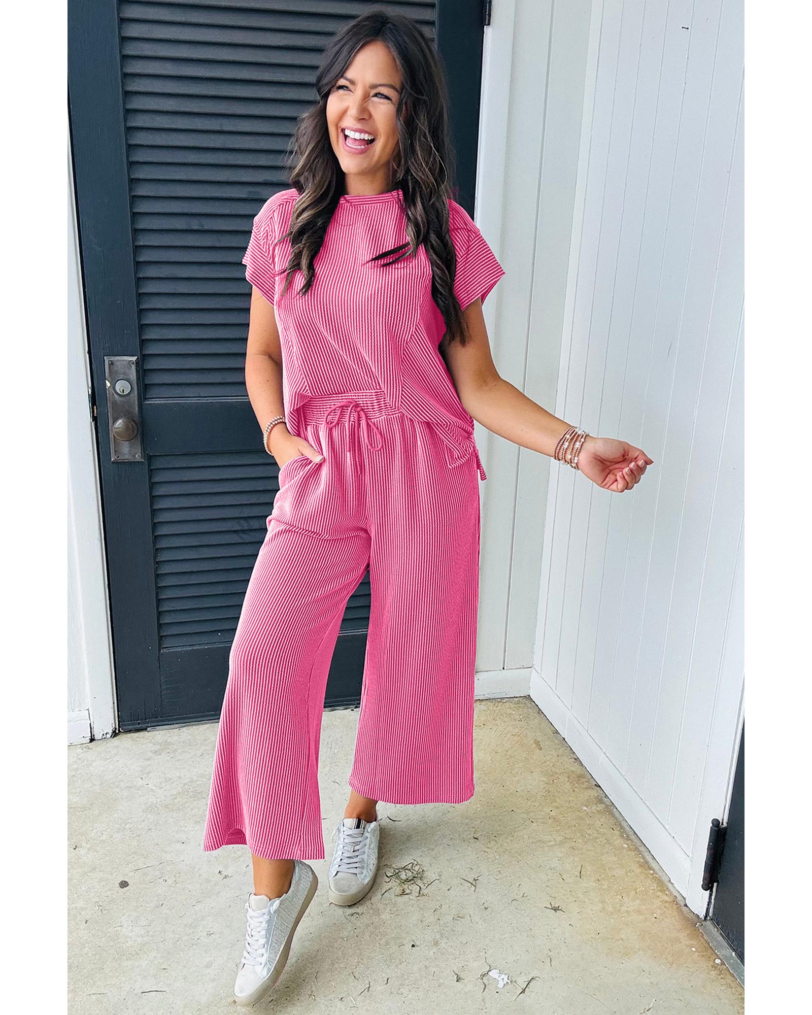 V539-AZEXDC626736-P106-L-202508292310-00 Bright Pink Solid Corded Knit Short Sleeve T Shirt and Wide Leg Pants Set - L - Image 1