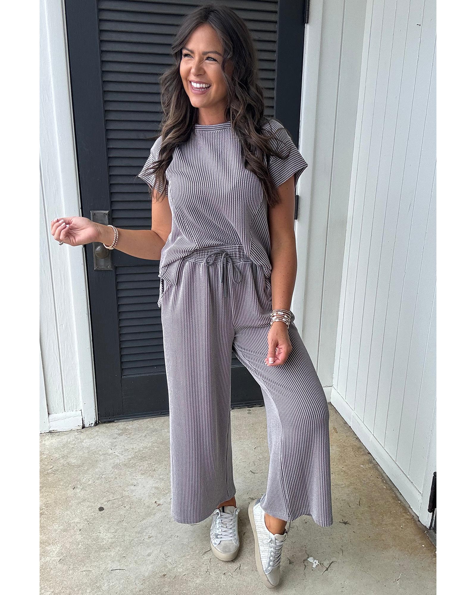 V539-AZEXDC626736-P1304-S-202506150111-00 Wild Wind Solid Corded Knit Short Sleeve T Shirt and Wide Leg Pants Set - S - Image 1