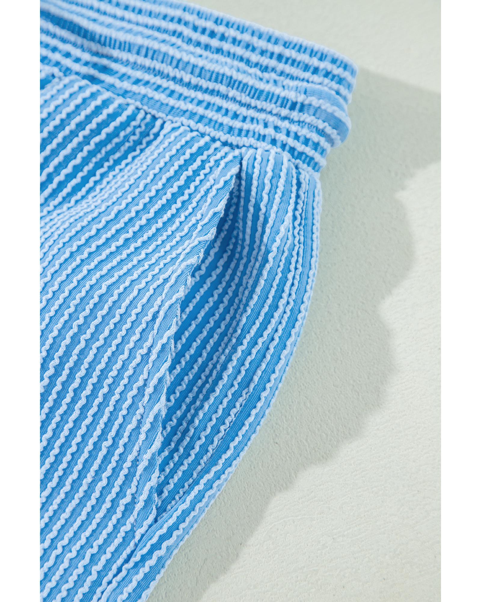 V539-AZEXDC626736-P305-M-202508290125-00 Blue Solid Corded Knit Short Sleeve T Shirt and Wide Leg Pants Set - M - Image 1