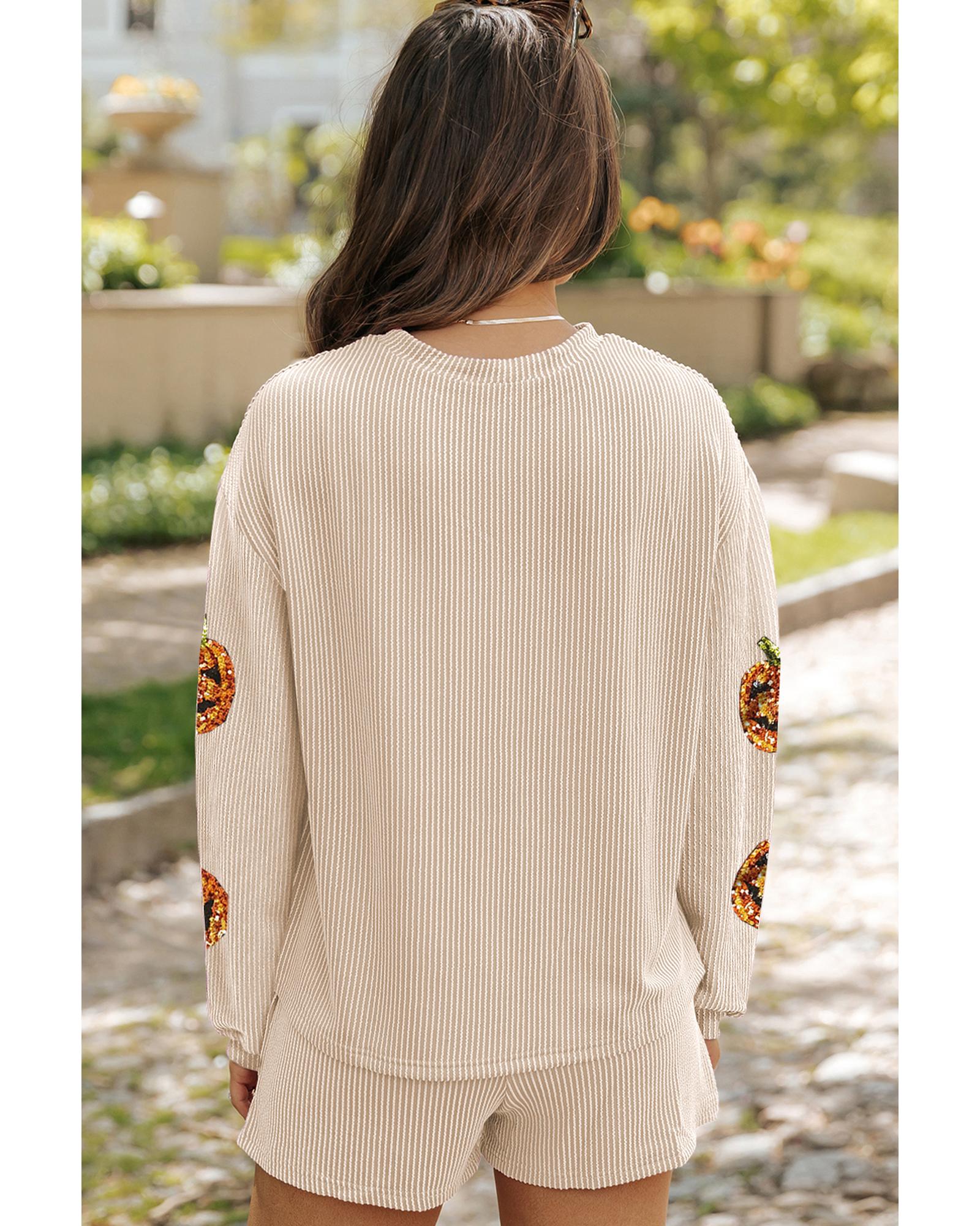 V539-AZEXDC626762-P6016-XL-202508291750-00 Parchment Halloween Sequin Pumpkin Corded Two Piece Shorts Set - XL - Image 1