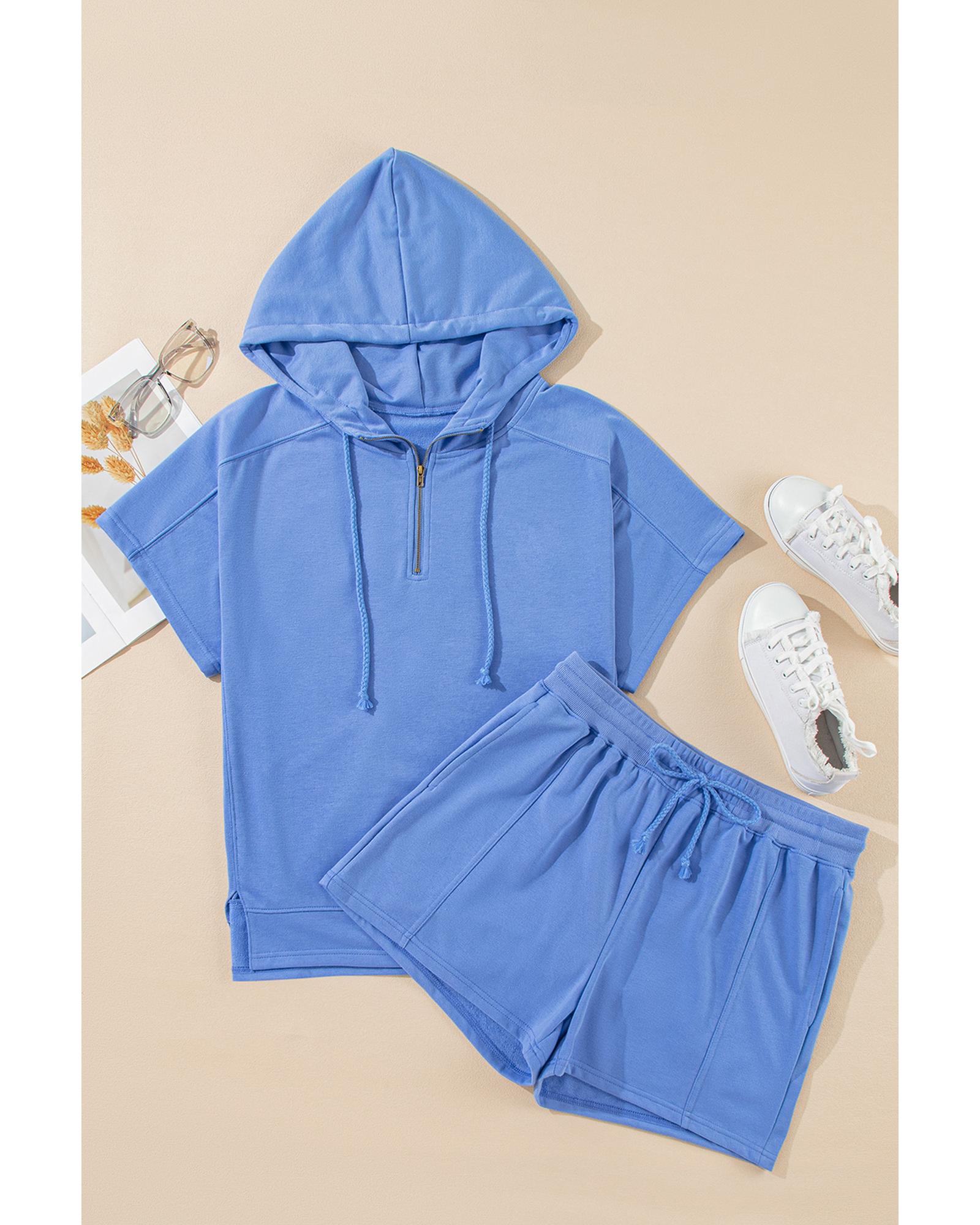 V539-AZEXDC626771-P205-M-202508280750-00 Sky Blue Casual Zipped Short Sleeve Hoodie and Shorts Set - M - Image 1