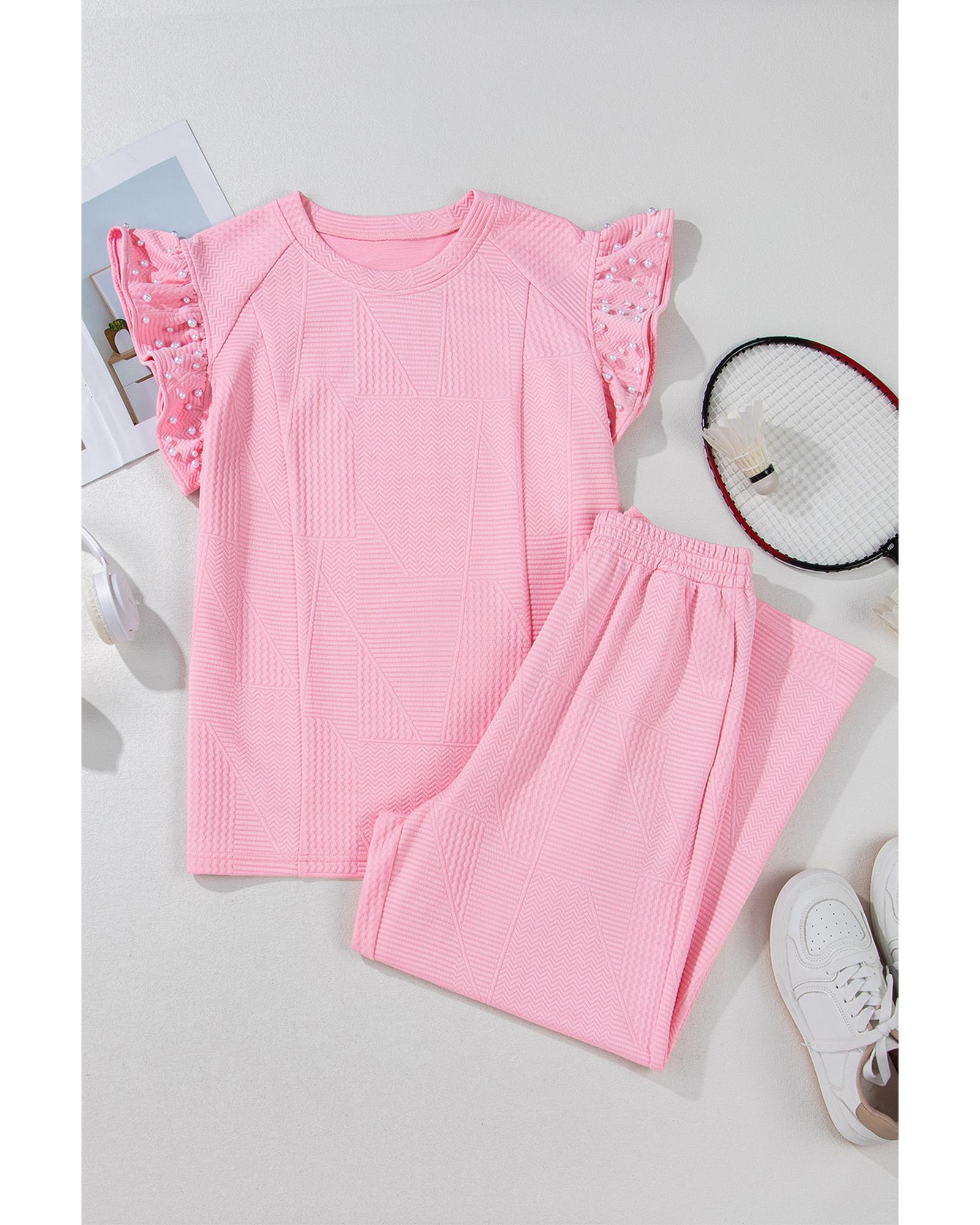 V539-AZEXDC626772-P10-L-202508281720-00 Pink Textured Pearled Ruffled Sleeve Wide Leg Pants Set - L - Image 1
