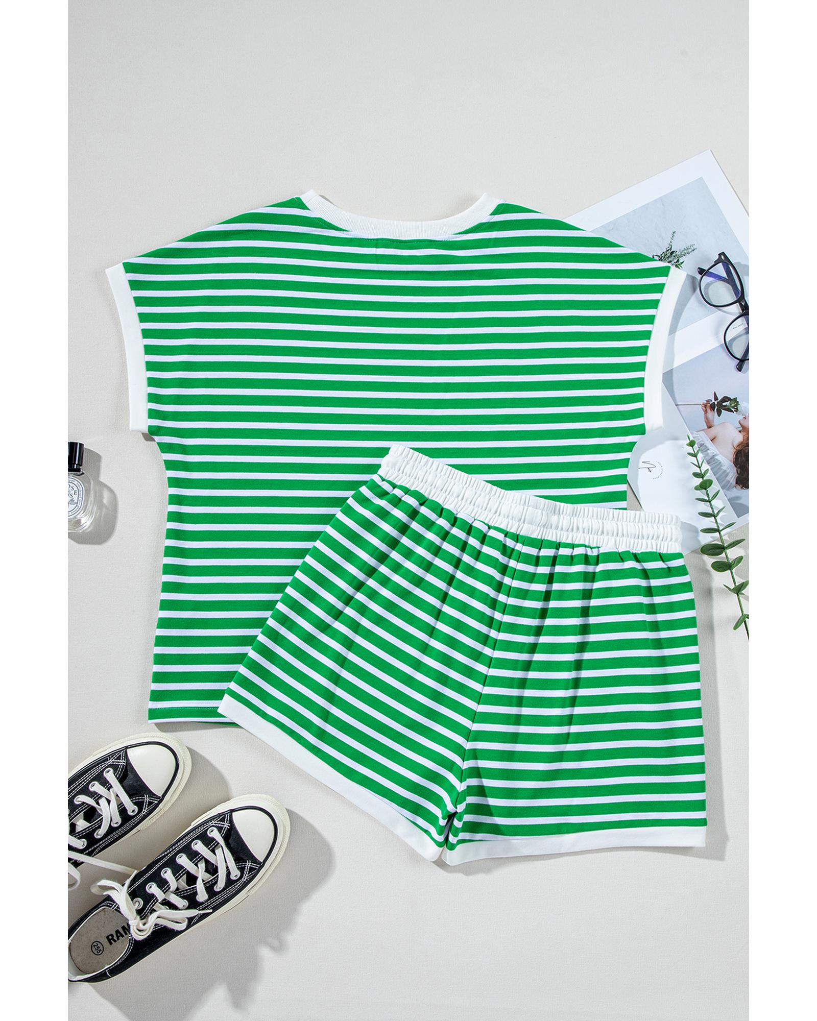 V539-AZEXDC626819-P209-M-202508300335-00 Dark Green Striped Cap Sleeve Tee and Shorts Set - M - Image 1