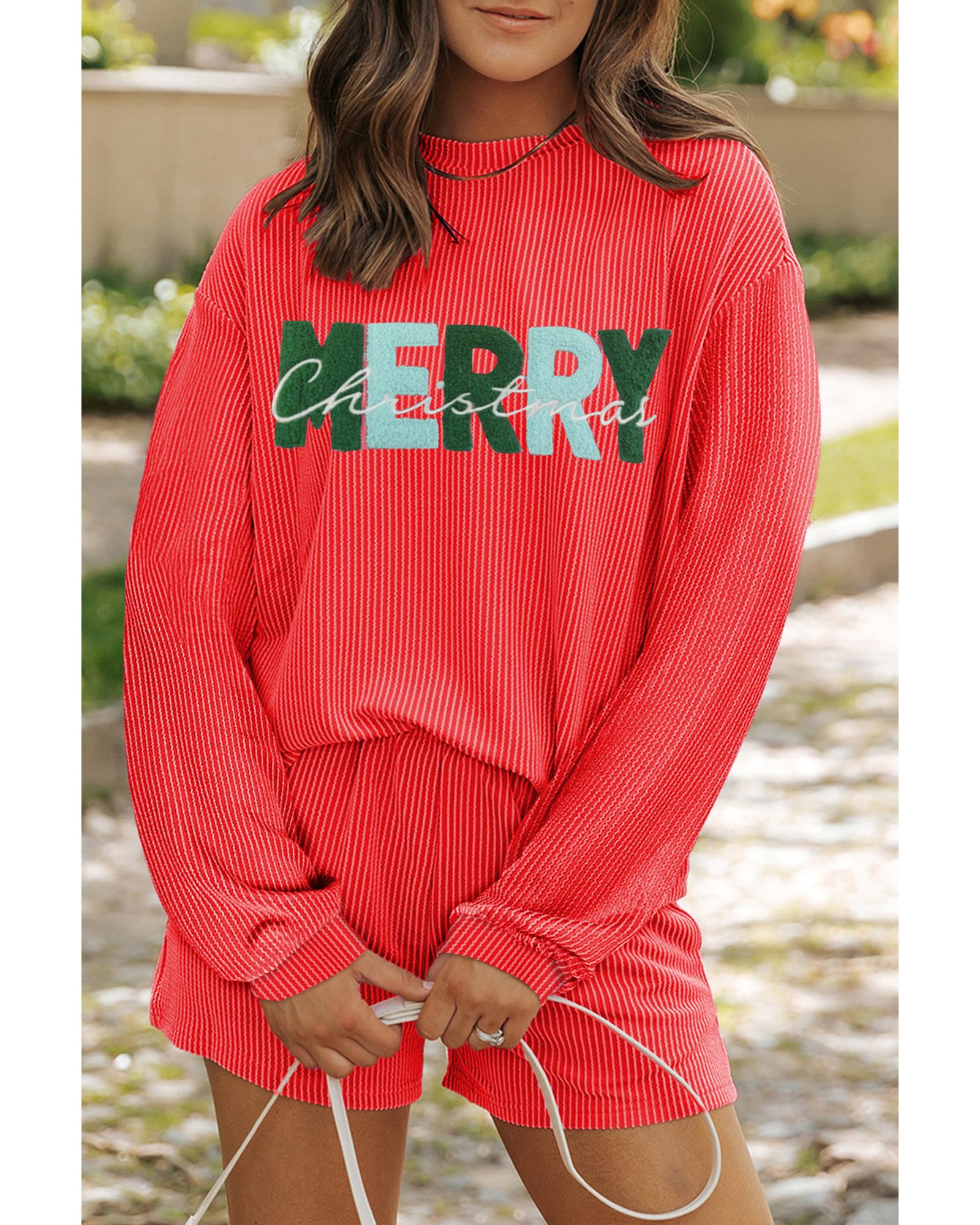 V539-AZEXDC626835-P5014-M-202508281235-00 Gold Flame Corded MERRY Christmas Letter Top and Shorts Set - M - Image 1