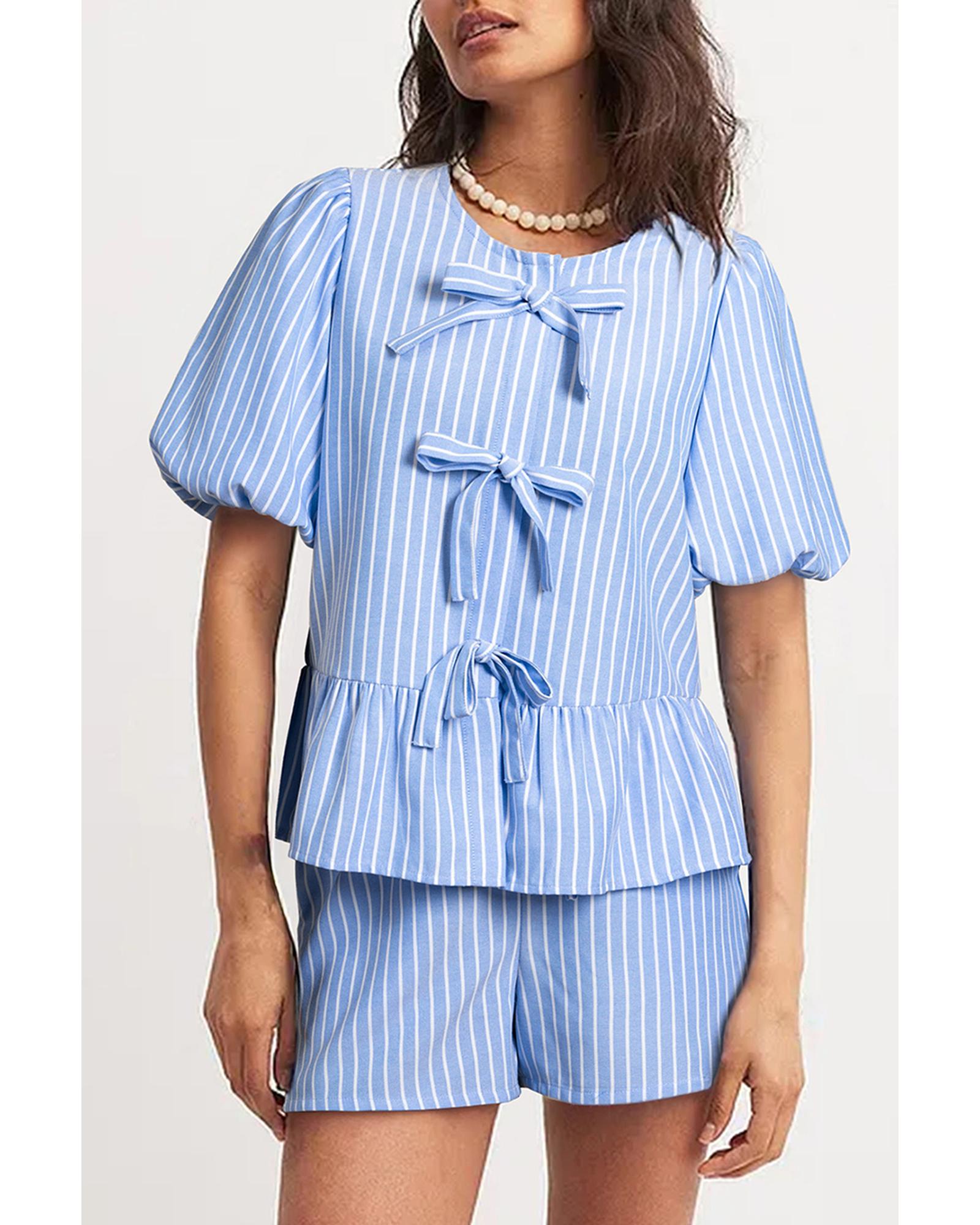 V539-AZEXDC626850-P304-M-202508291655-00 Sky Blue Striped Bowknot Detail Puffy Sleeve Top and Shorts 2Pcs Set - M - Image 1