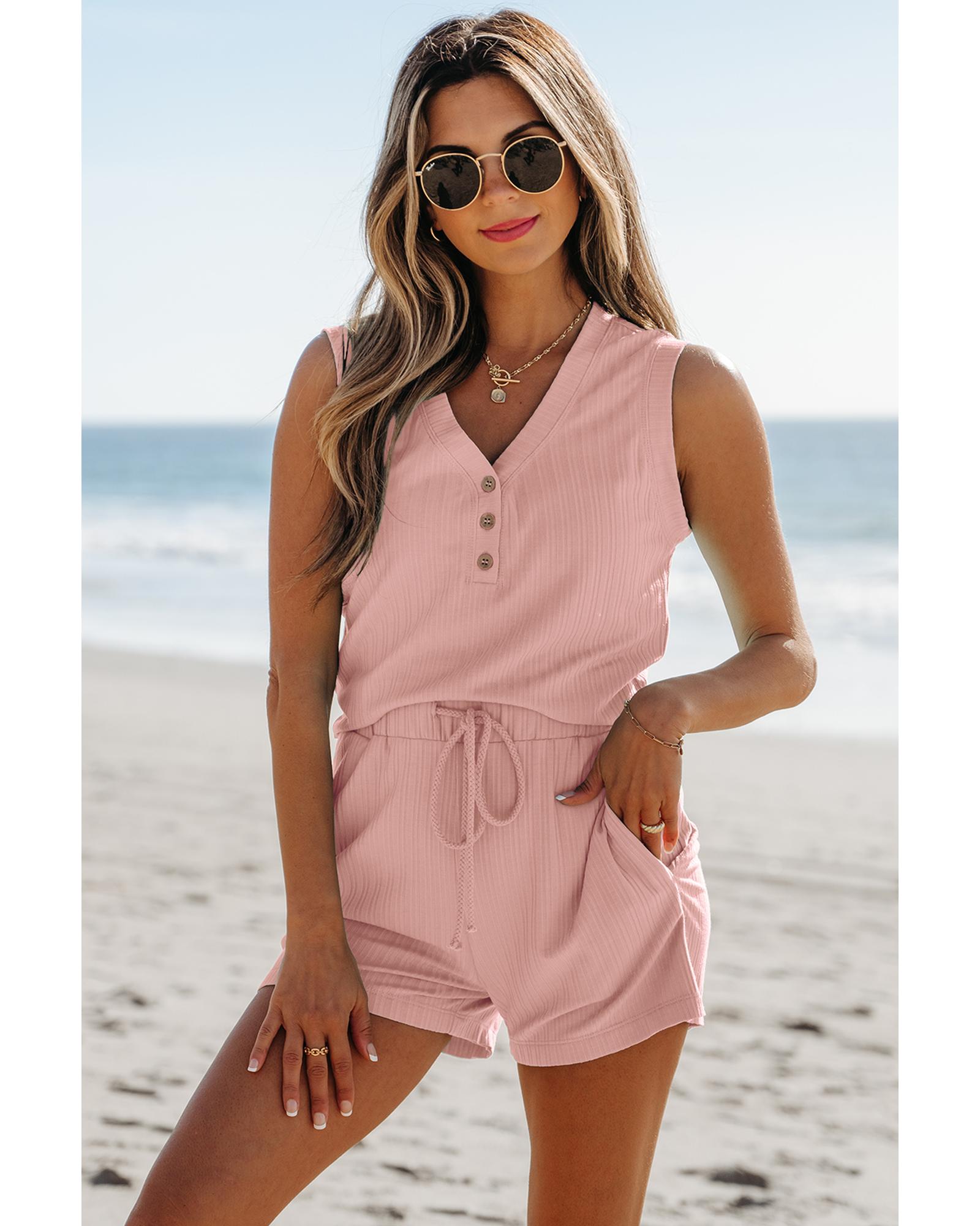 V539-AZEXDC626902-P1710-XL-202508301820-00 Gossamer Pink Ribbed Button V Neck Tank Top and Shorts Set - XL - Image 1