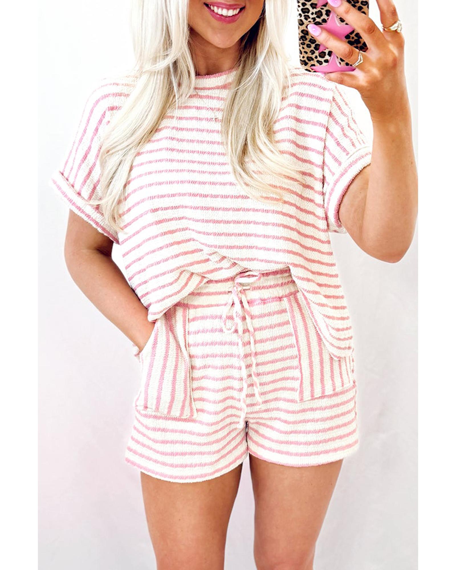 V539-AZEXDC626953-P1019-XL-202508300725-00 Pink Stripe Knitted Short Sleeve Top and Drawstring Shorts Set - XL - Image 1