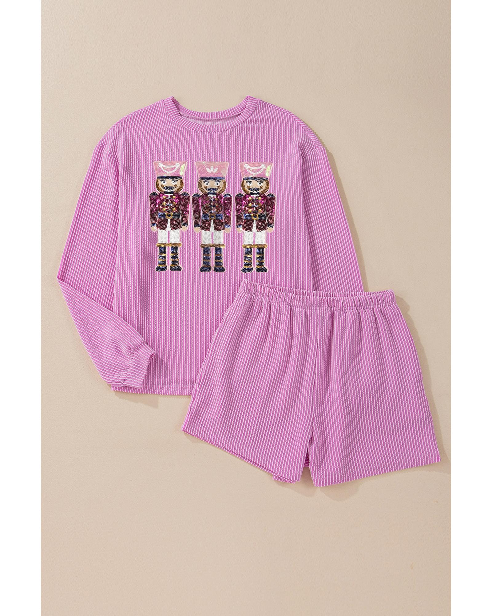 V539-AZEXDC627035-P608-XL-202508300930-00 Phalaenopsis Sequin Nutcracker Patched Long Sleeve Corded Christmas Shorts Set - XL - Image 1