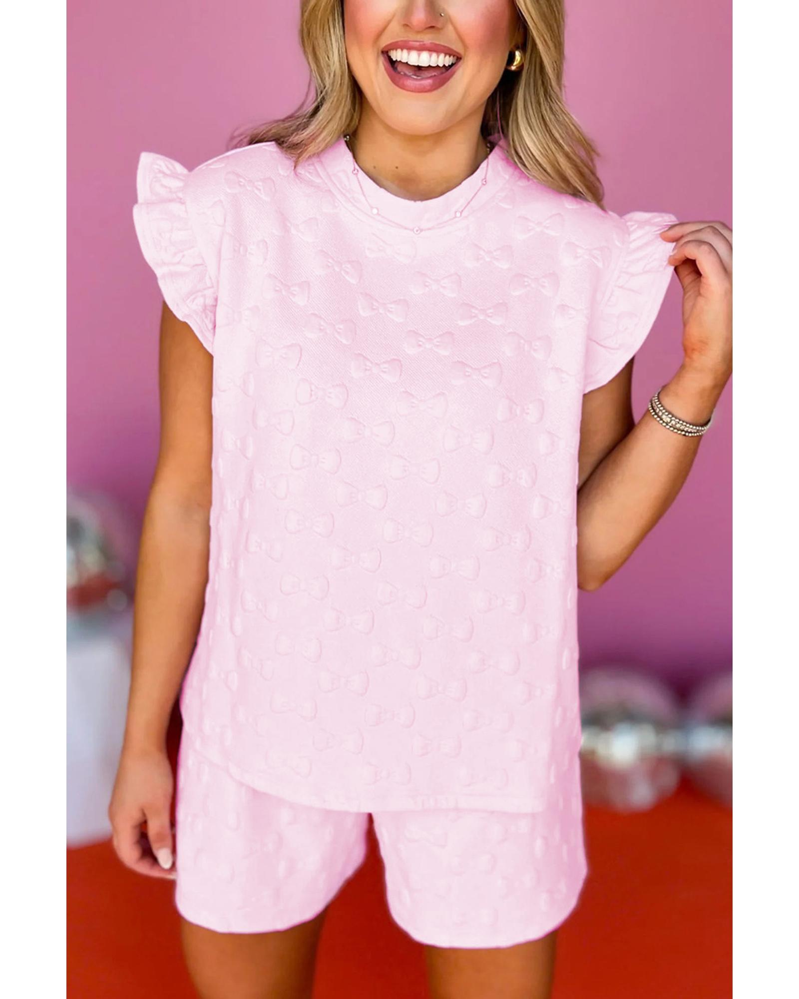 V539-AZEXDC627088-P10-M-202508300810-00 Pink Bow Jacquard Ruffle Sleeve Short 2pcs Outfit - M - Image 1