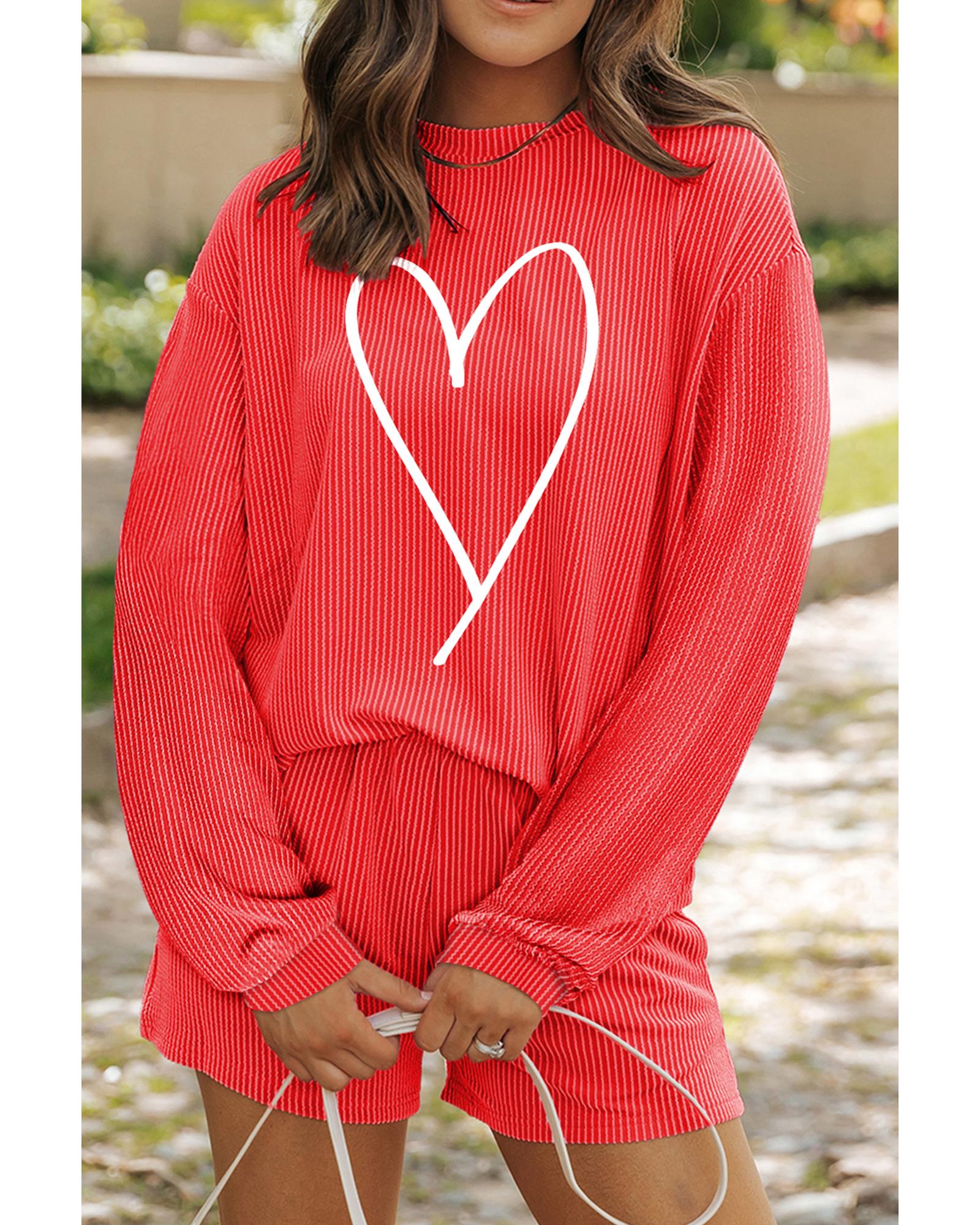 V539-AZEXDC627120-P5014-M-202508302355-00 Gold Flame Heart Shape Graphic Corded Pullover and Shorts Outfit - M - Image 1