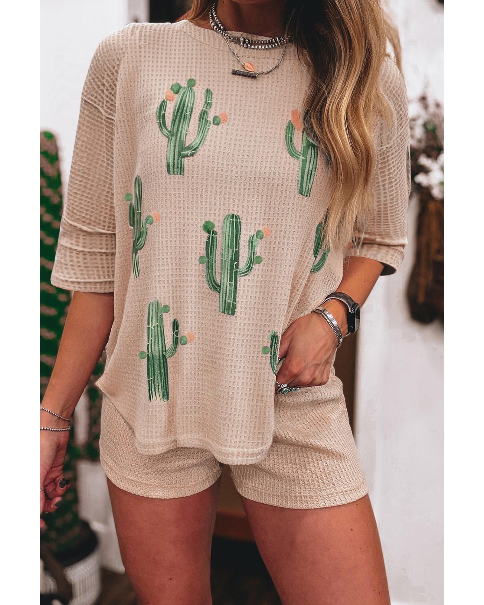 V539-AZEXDC627127-P4016-M-202508281740-00 Light French Beige Cactus Forest Waffle Half Sleeve Tee Short Set - M - Image 1