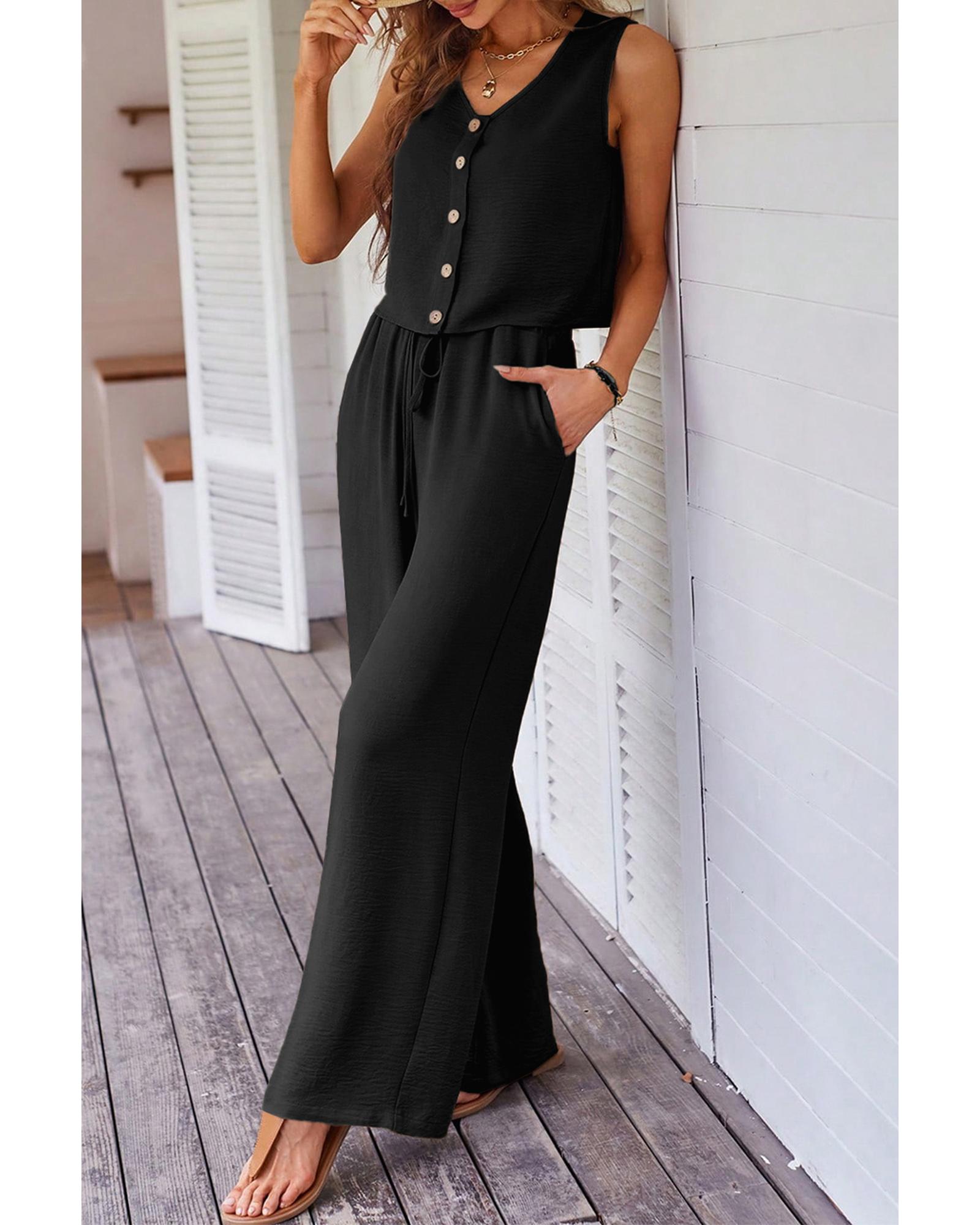 V539-AZEXDC627144-P2-XL-202508281105-00 Black Buttoned Vest Drawstring Wide Leg Pants 2pcs Set - XL - Image 1