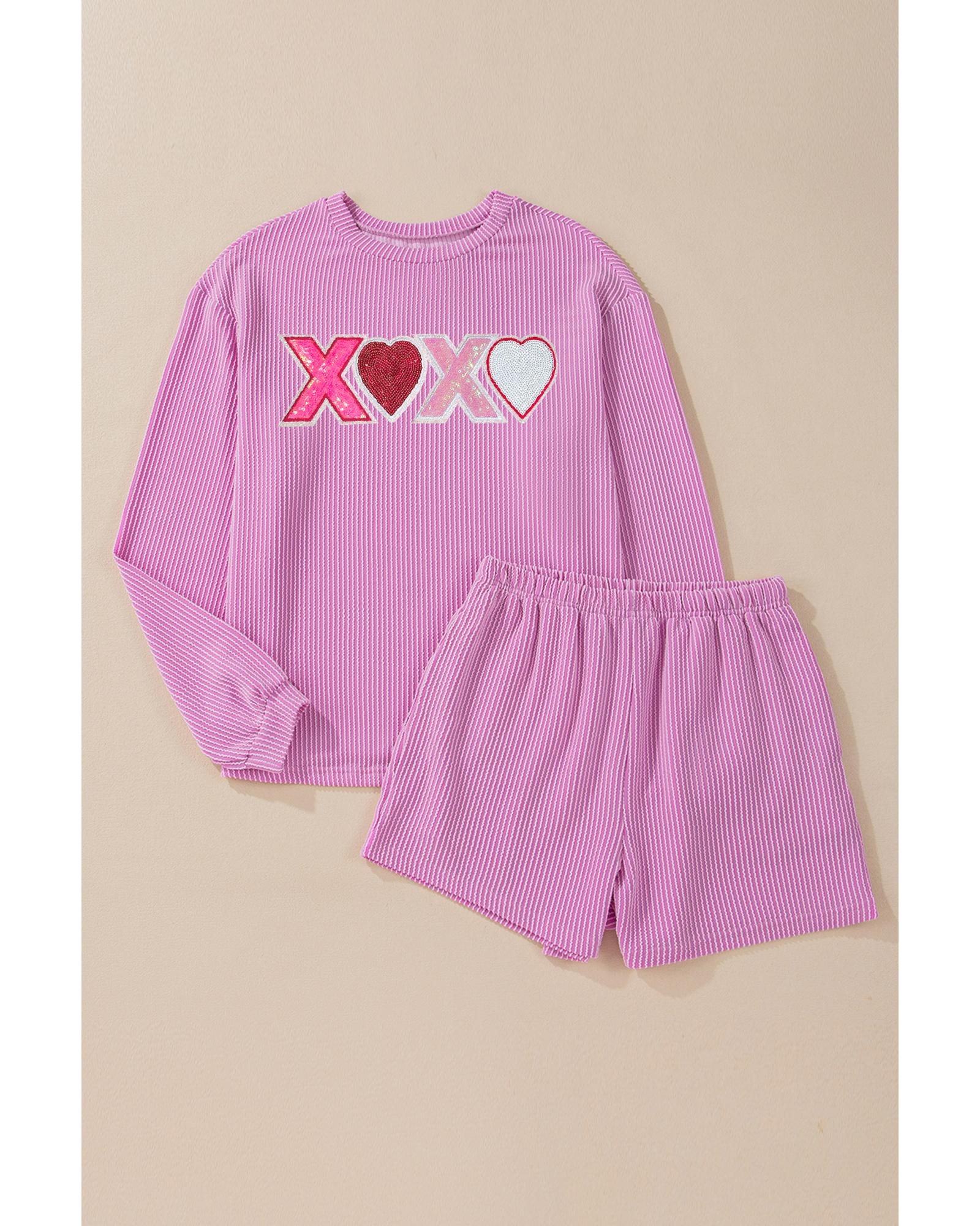 V539-AZEXDC627201-P608-M-202508300435-00 Phalaenopsis Corded Sequined XOXO Heart Valentines Long Sleeve Shorts Set - M - Image 1