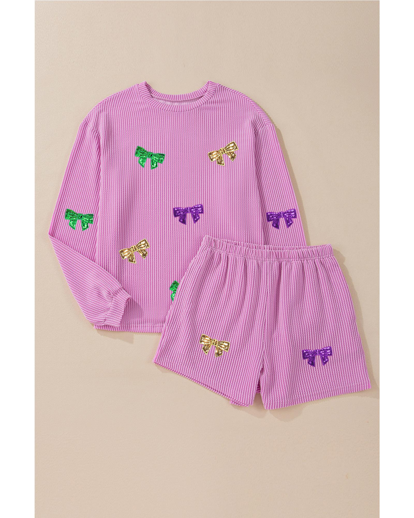 V539-AZEXDC627216-P608-L-202508291850-00 Phalaenopsis Bowknot Patched Pattern Corded Long Sleeve Top and Shorts Outfit - L - Image 1