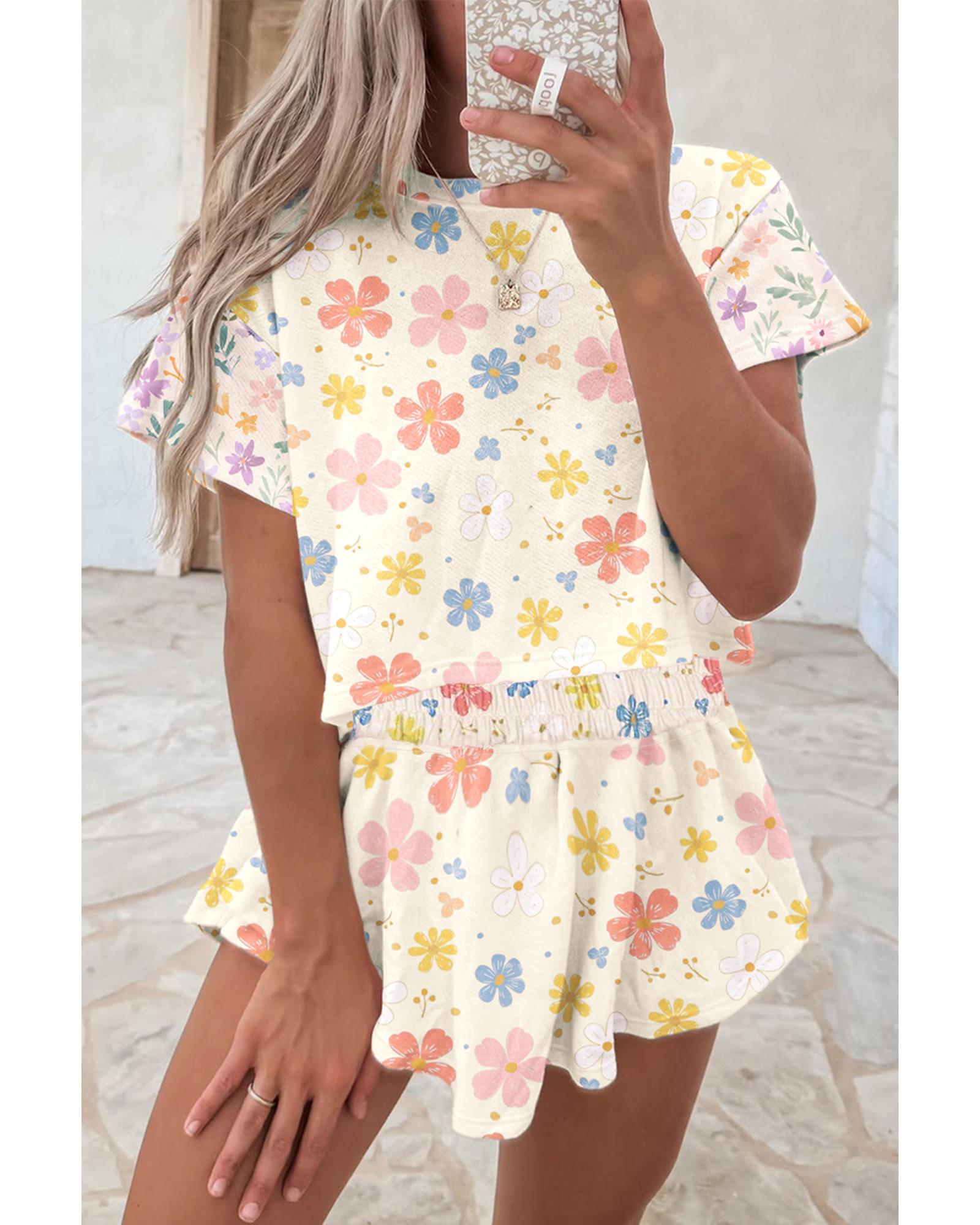 V539-AZEXDC627414-P1820-M-202508282300-00 Apricot Floral Print Crop Top Wide Leg Short Set - M - Image 1