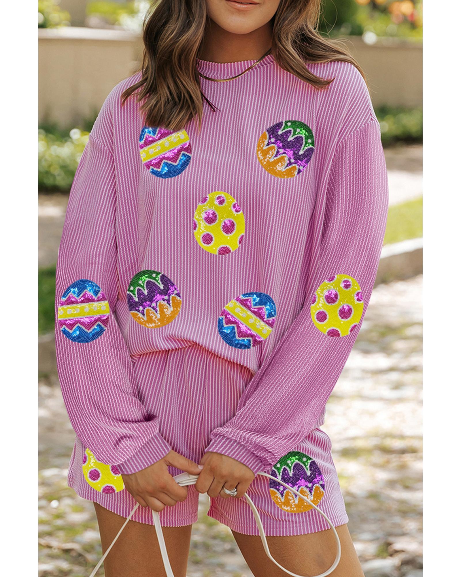 V539-AZEXDC627471-P608-S-202506150235-00 Phalaenopsis Easter Egg Patched Graphic Corded Long Sleeve Top Shorts Set - S - Image 1