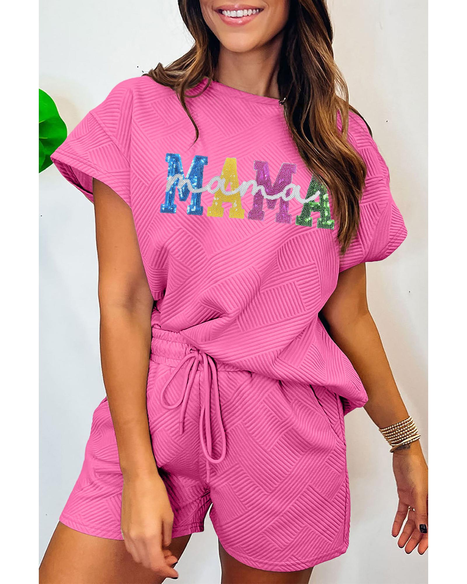 V539-AZEXDC627684-P306-XL-202508301045-00 Strawberry Pink Sequined MAMA Letter Graphic Textured Short 2pcs Set - XL - Image 1