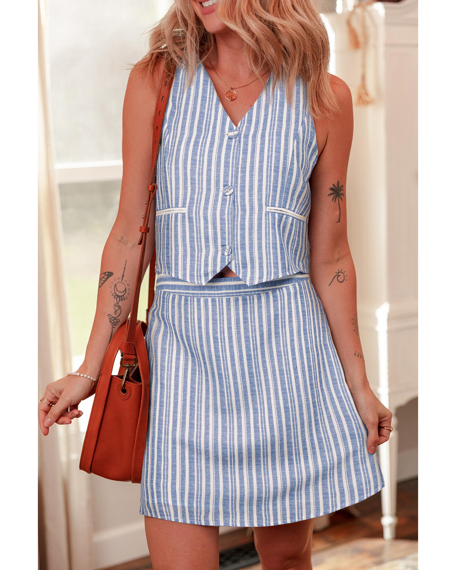 V539-AZEXDC631169-P419-M-202508300705-00 Sky Blue Stripe Buttoned Office Waistcoat Mini Skirt Set - M - Image 1
