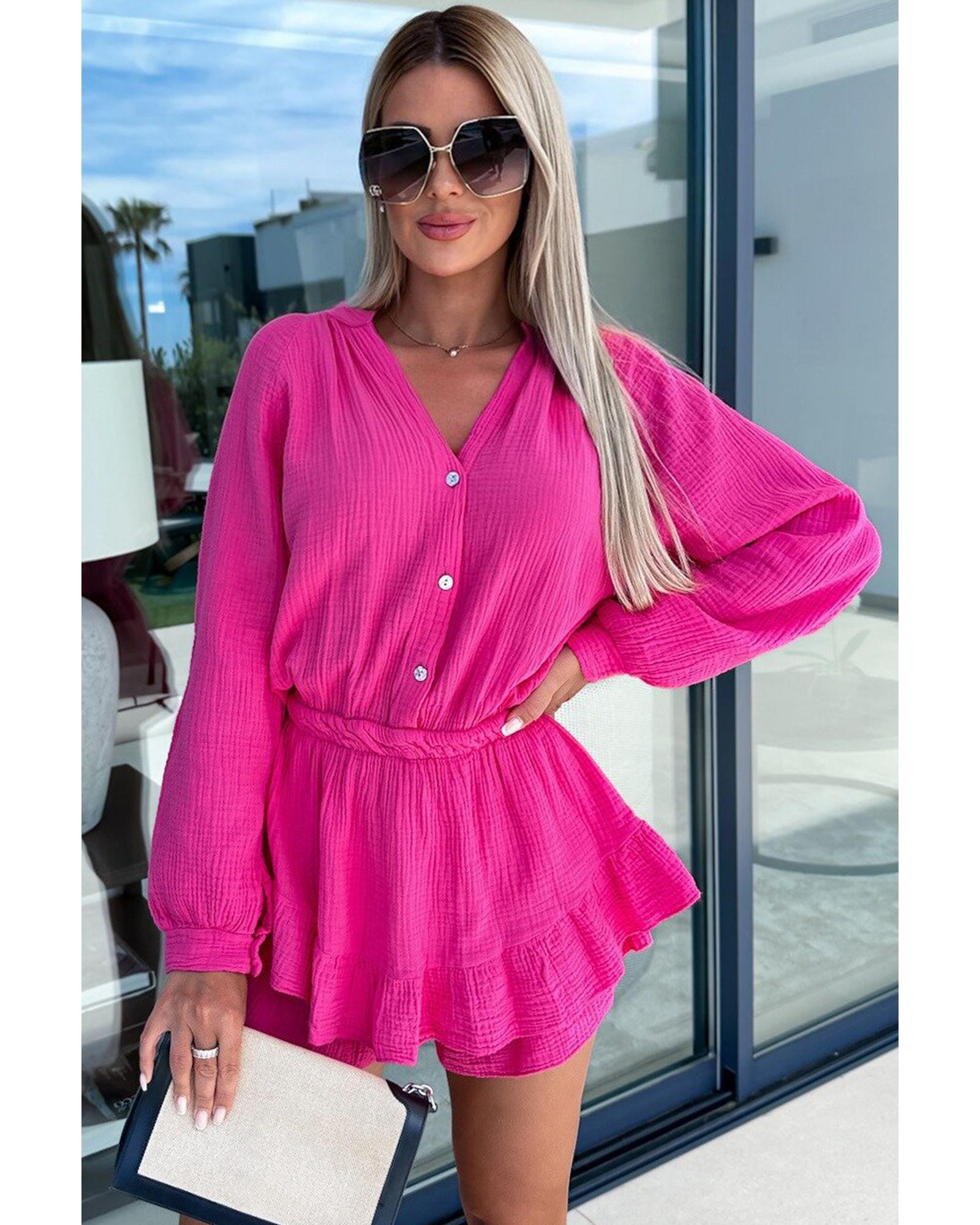 V539-AZEXDC6412174-6-S-202508281525-00 Azura Exchange Rose Textured Tiered Ruffled Buttoned Long Sleeve Romper - S - Image 1
