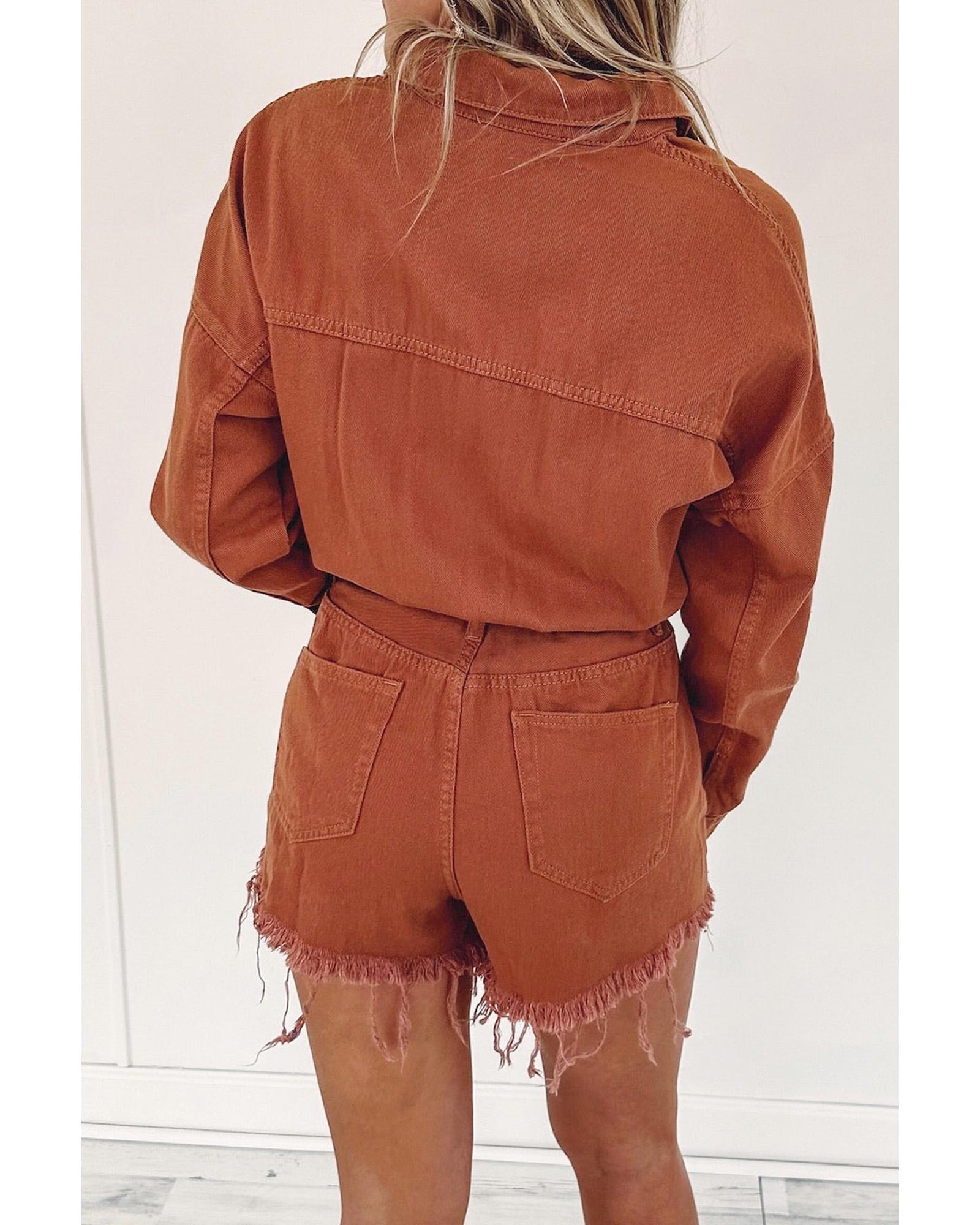 V539-AZEXDC6412863-P5014-L-202508291710-00 Gold Flame Long Sleeve Snap Buttons Distressed Denim Romper - L - Image 1